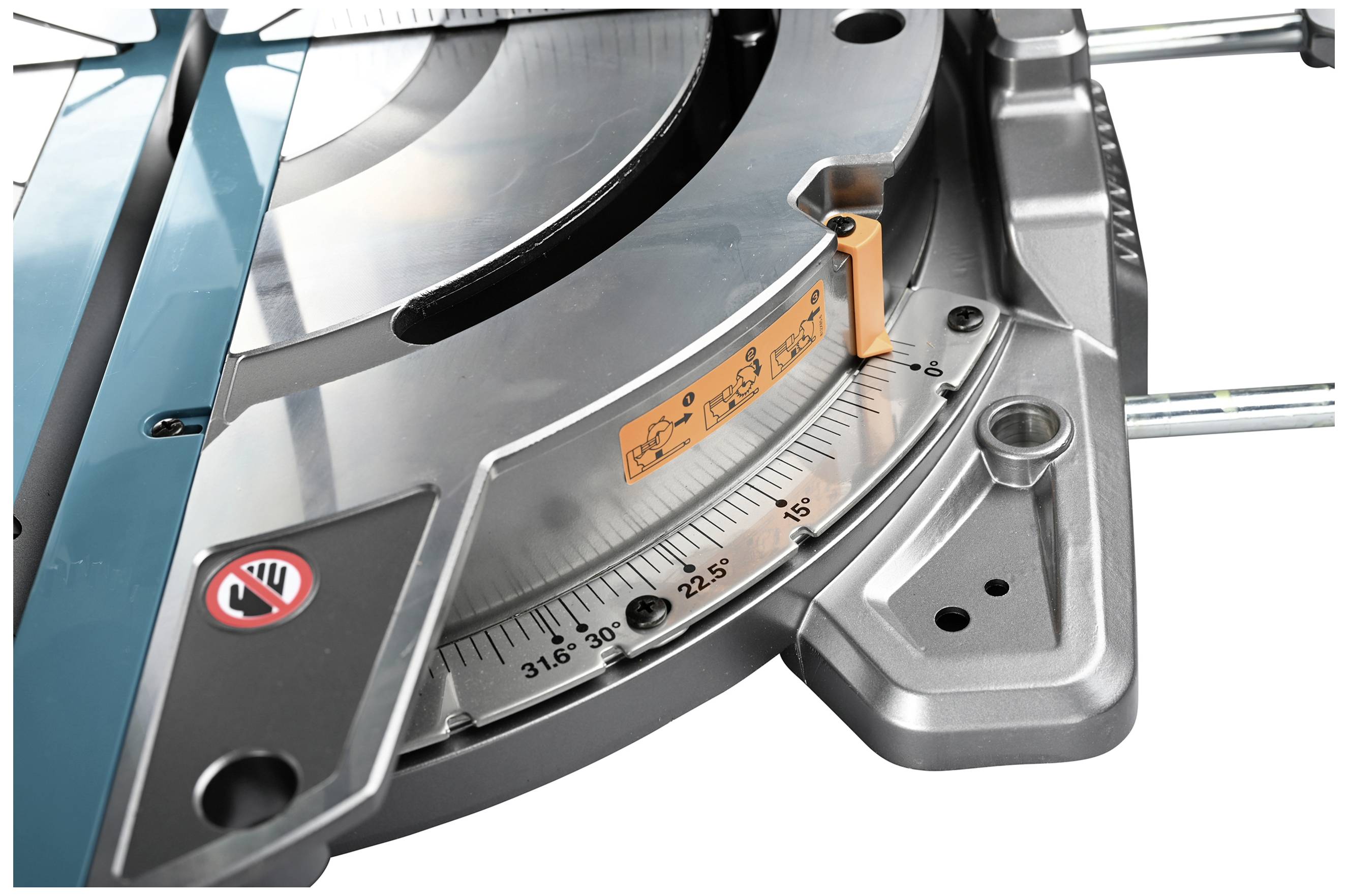 A close-up of a mitre saw's angle scale, with markings and angle adjustment. A warning symbol is visible.