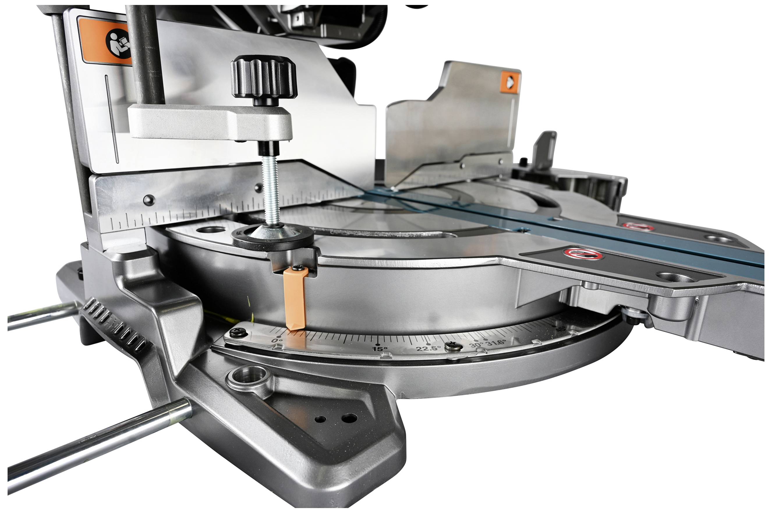 Mitre saw in close-up with adjustment scales and levers, enabling precise cutting angles. Ideal for woodworking and craftspeople.