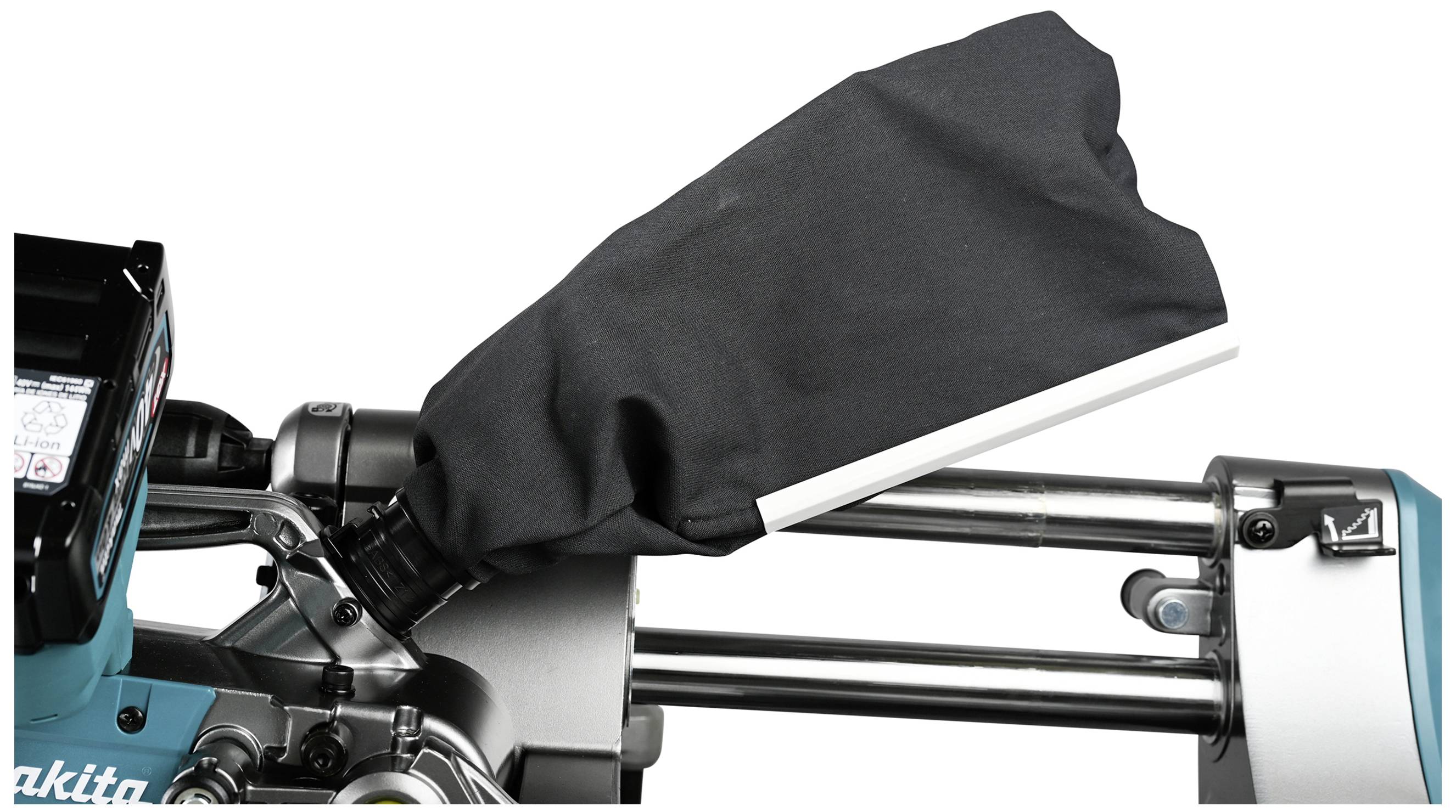 A dust extraction device on an electric tool. A black fabric bag collects the dust generated during use.