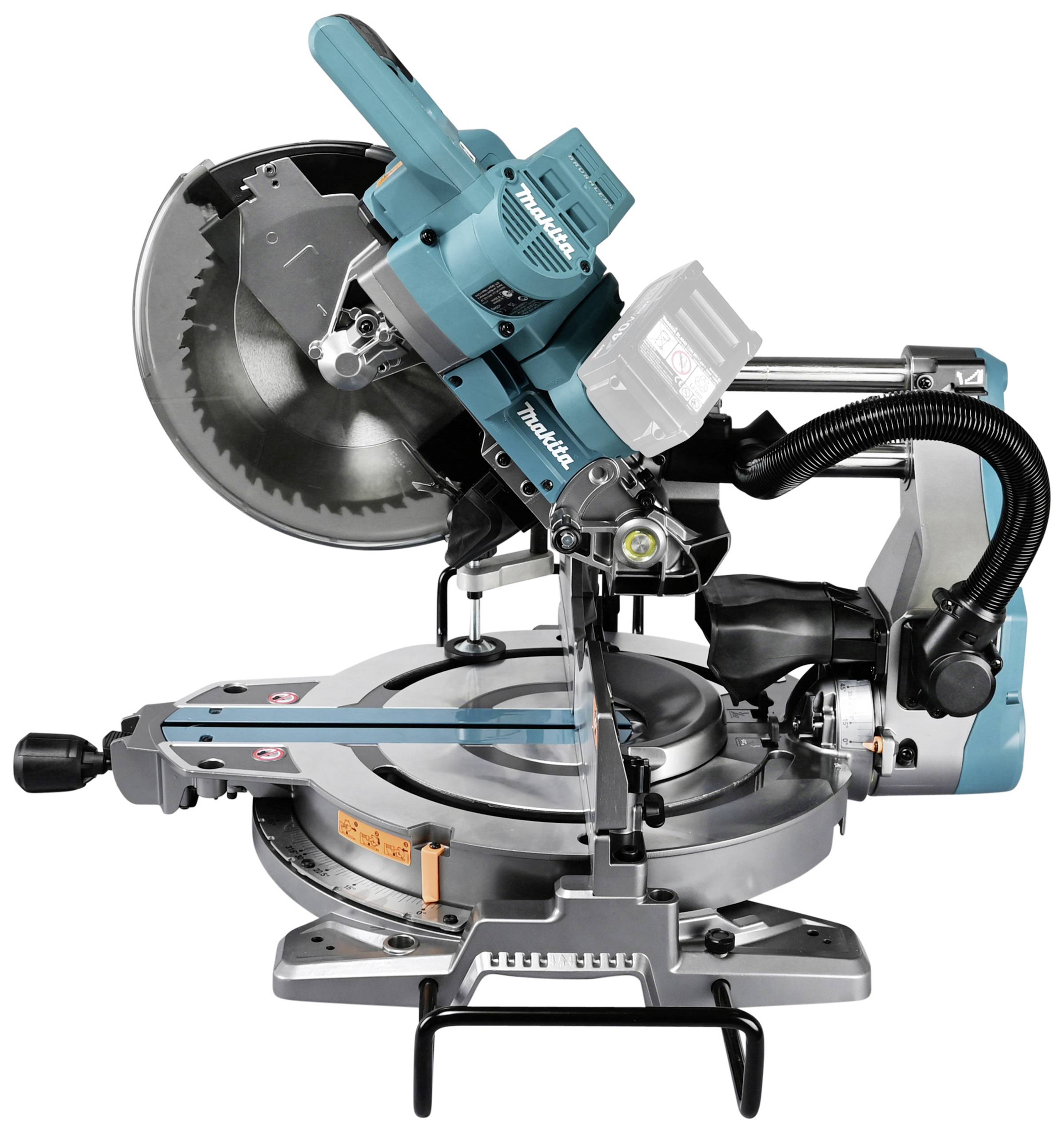 Blue and silver mitre saw on a workbench, suitable for cutting wood. It has a pivoting saw head and dust extraction.