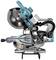 Blue and silver mitre saw on a workbench, suitable for cutting wood. It has a pivoting saw head and dust extraction.