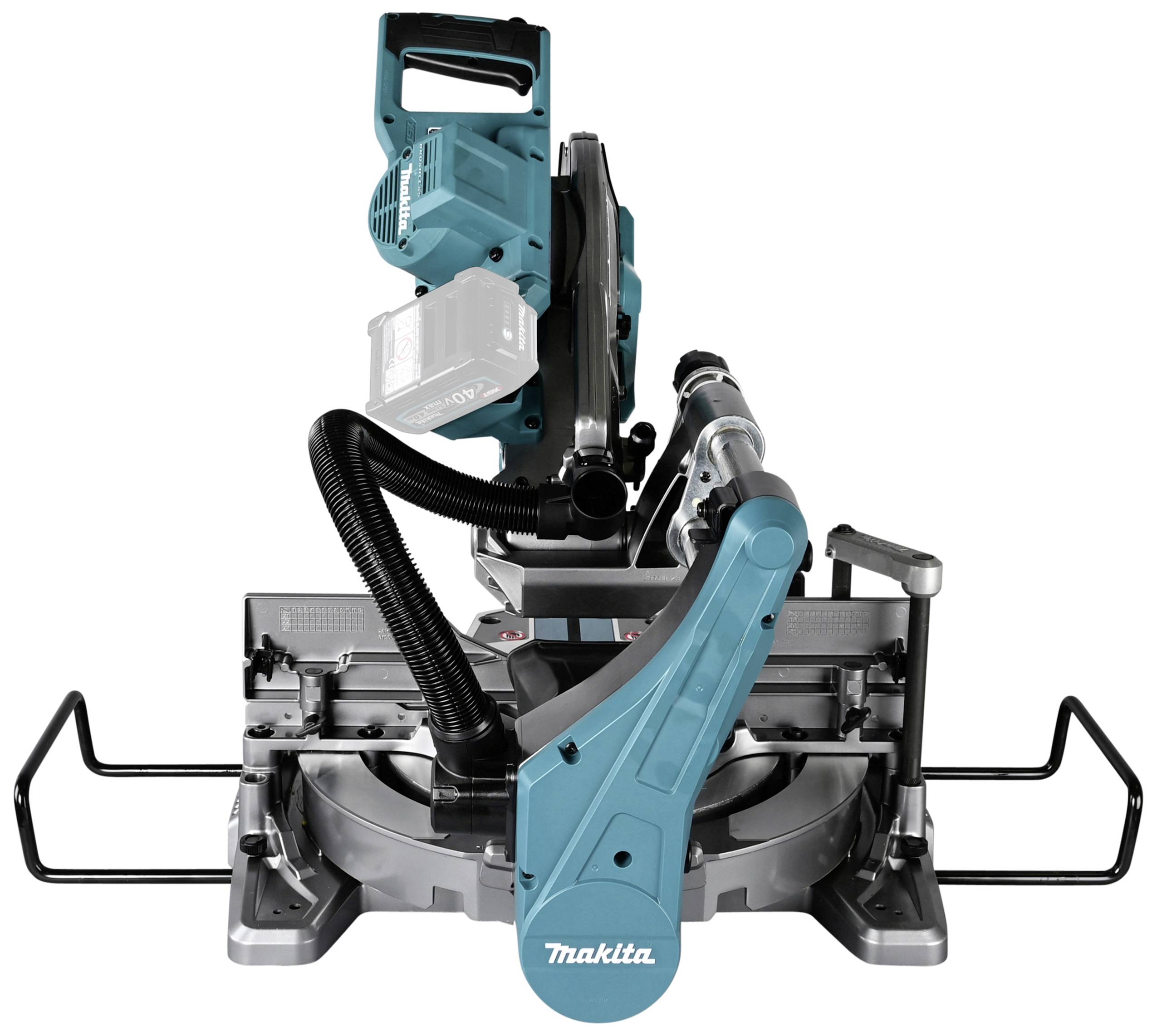 Makita Mitre and Crosscut Saw with a silver table, black saw blade, and blue casing, designed for precise wood cutting.