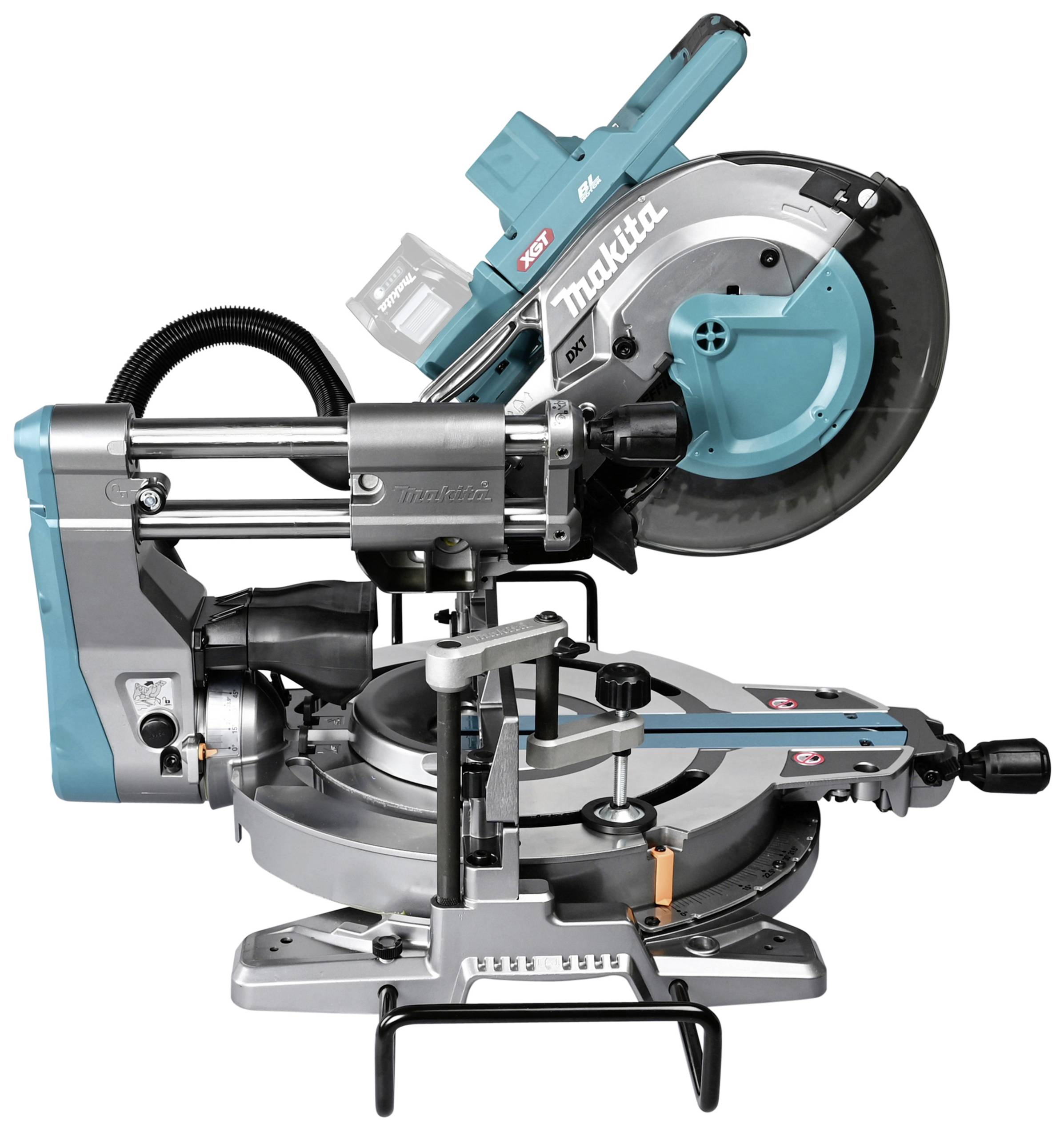 Circular saw with a blue-black casing mounted on a stand. The saw arm is adjustable, suitable for woodworking.