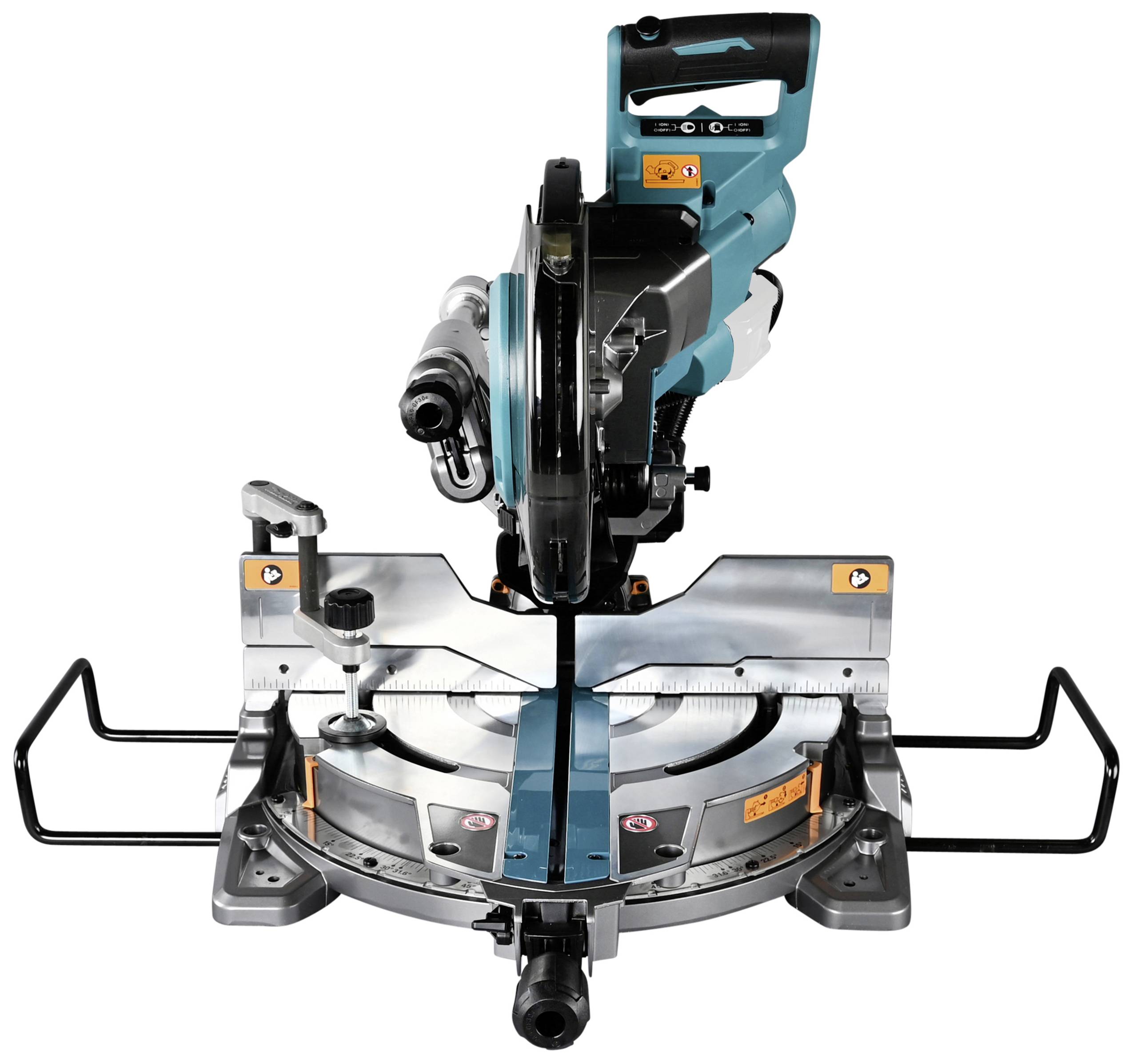 Electric mitre saw with blue handle and transparent guard, positioned on a metal table with scale.