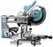 Makita mitre saw with blue casing on white background, side view.