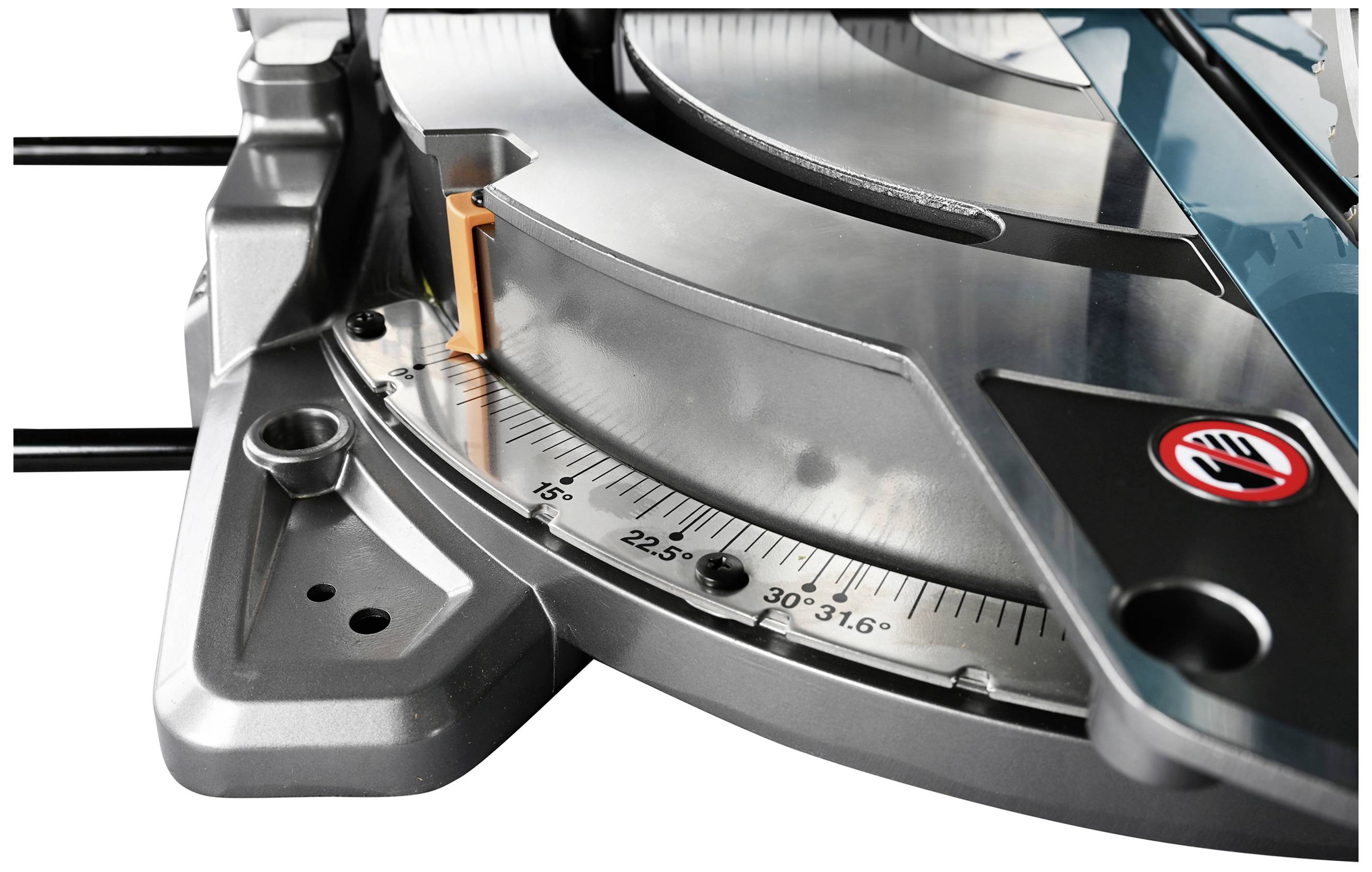 Close-up of a chop saw set at an angle of approximately 30 degrees. A safety sticker depicts a hand with a prohibition symbol.