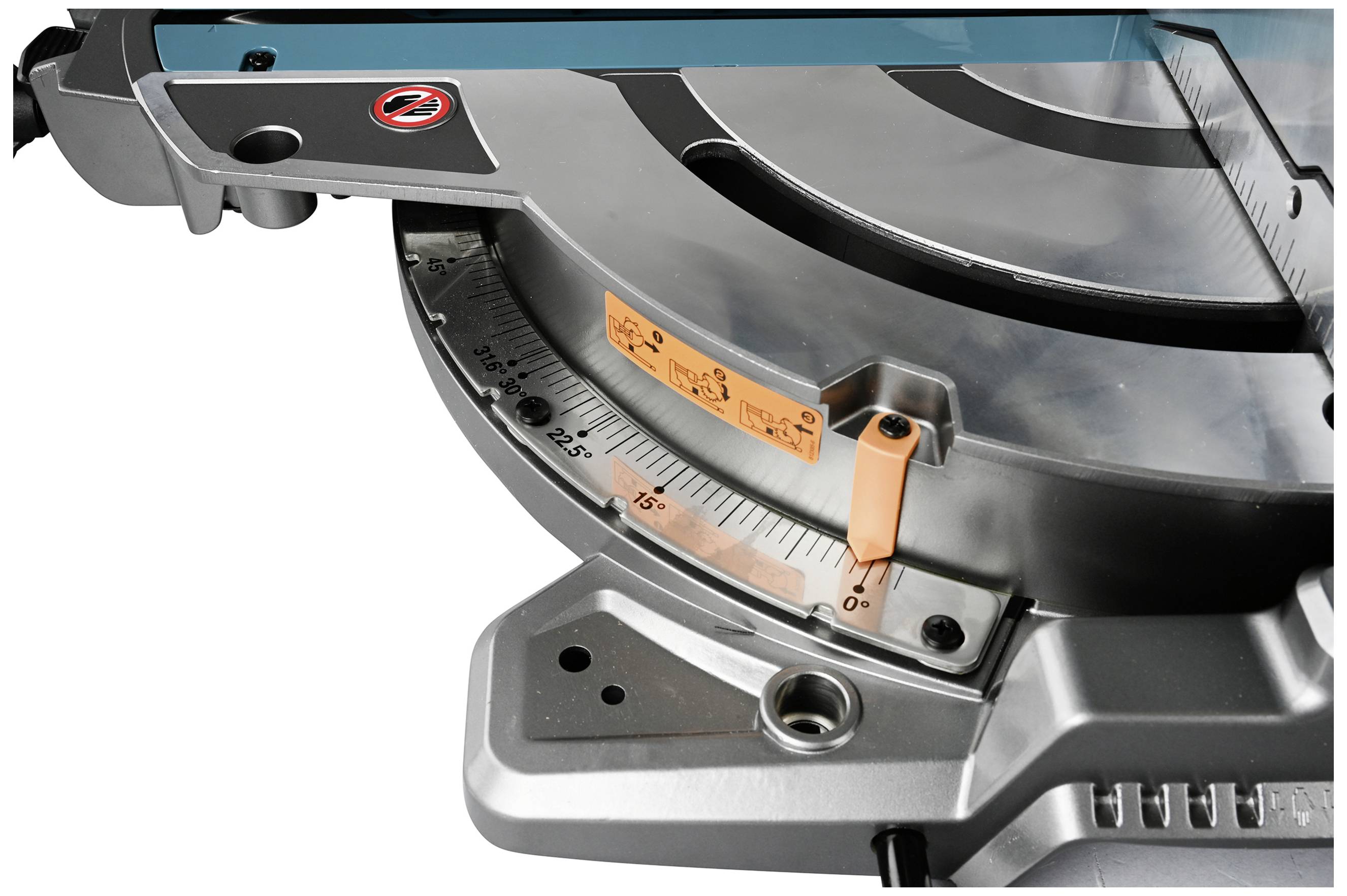 Extract of a mitre saw. The angle scale shows various degrees, with an orange lever for angle adjustment.