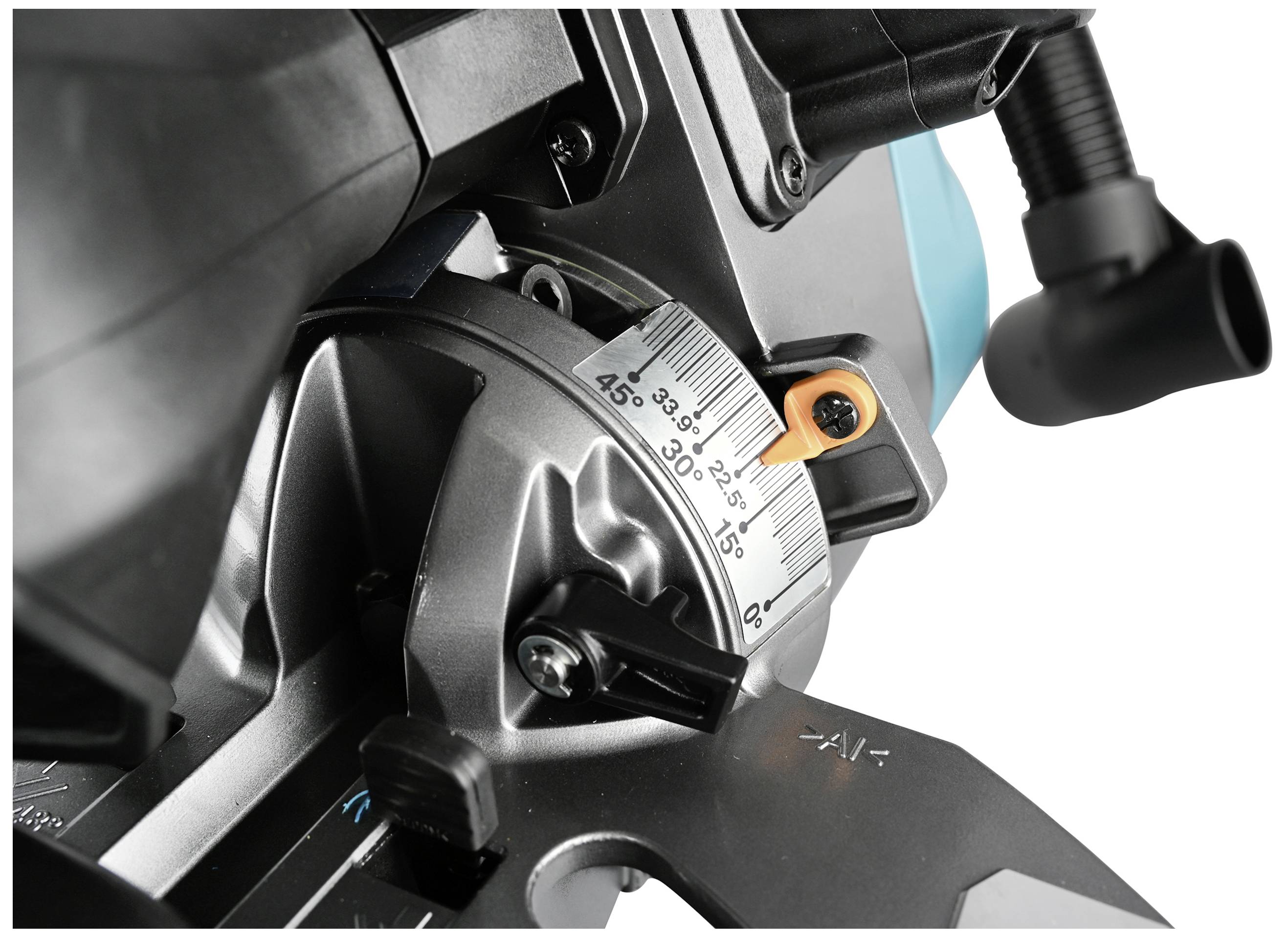 Close-up of a tool with an angle measurement scale from 0 to 45 degrees, marked at 45 degrees. Demonstrates precision setting for cutting.