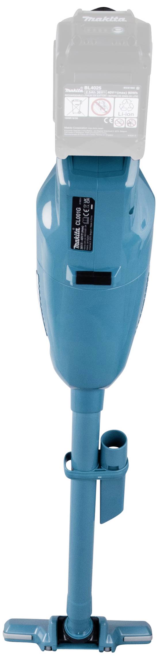 A blue, portable vacuum cleaner with a handle and intake nozzle, focused in the foreground. It is designed for cleaning small areas.