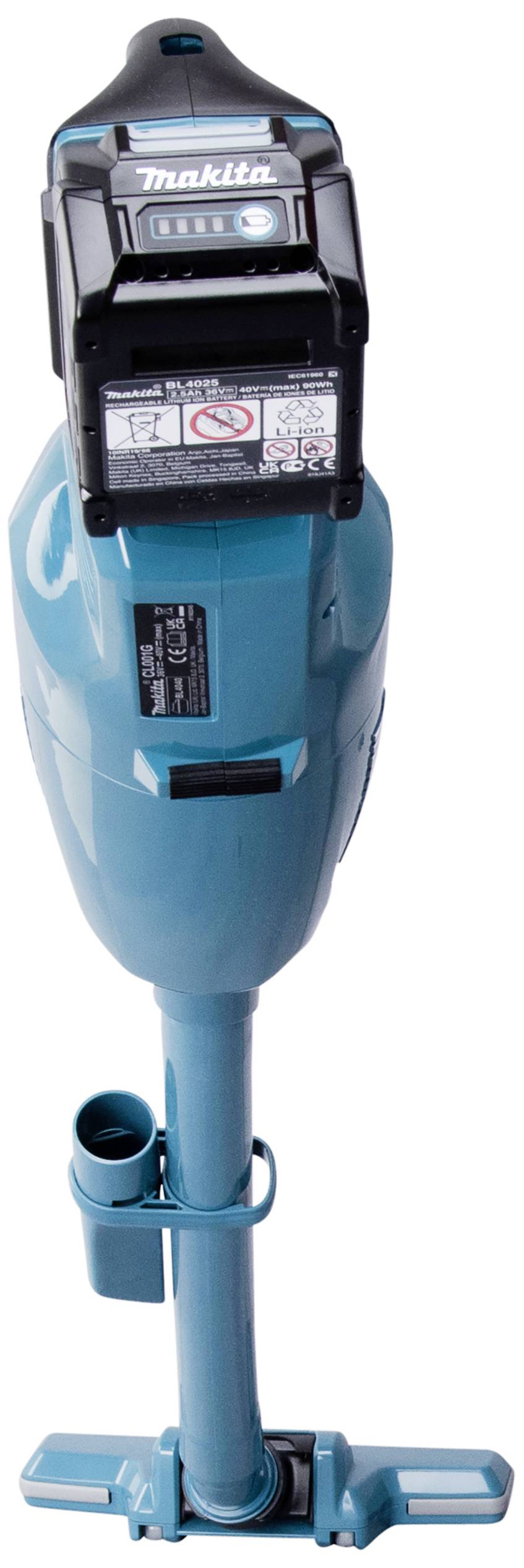 A blue cordless vacuum cleaner stands upright, with a black battery at the top. The brand name 'Makita' is visible.
