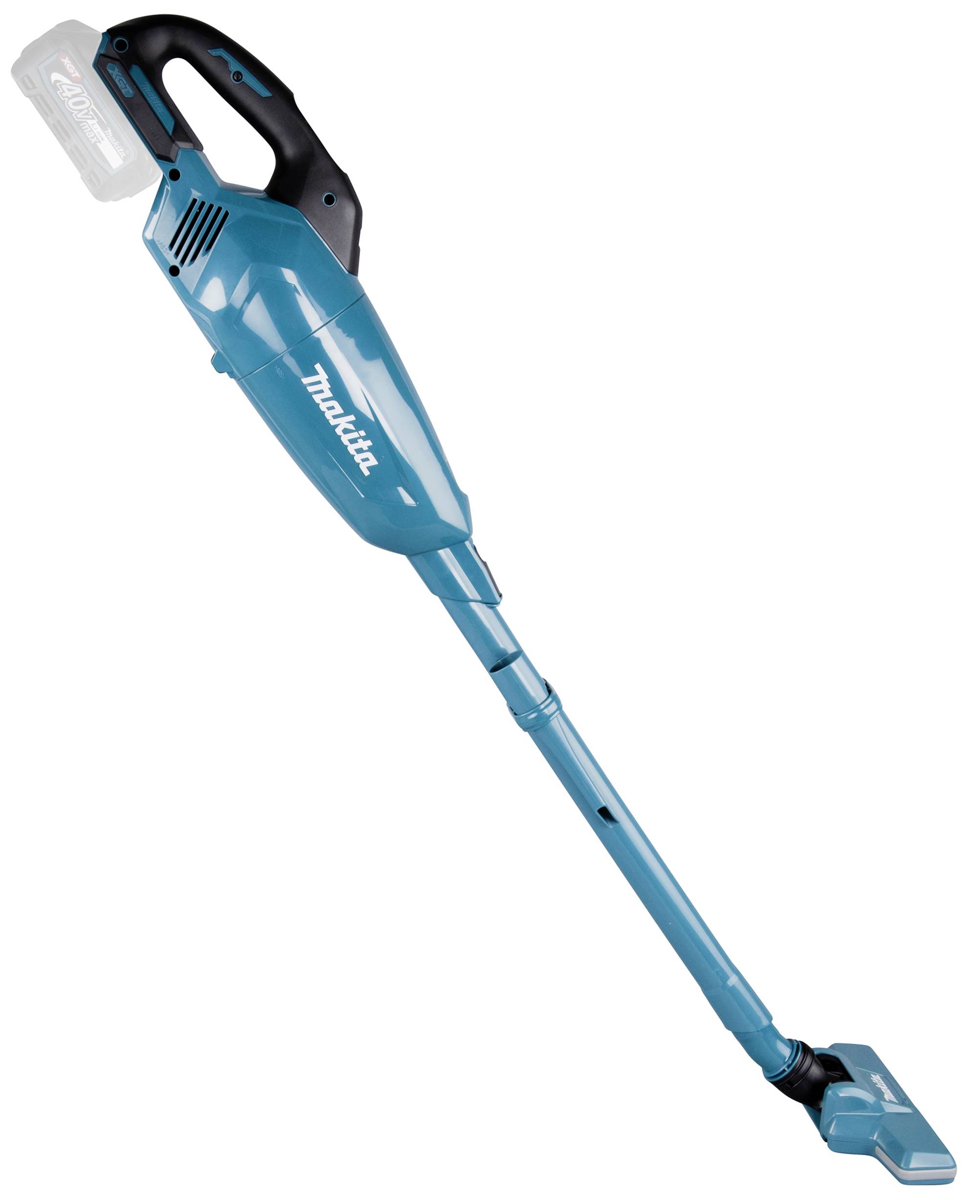 Cordless vacuum cleaner in blue with a black handle, battery-powered, featuring a removable battery pack on top.