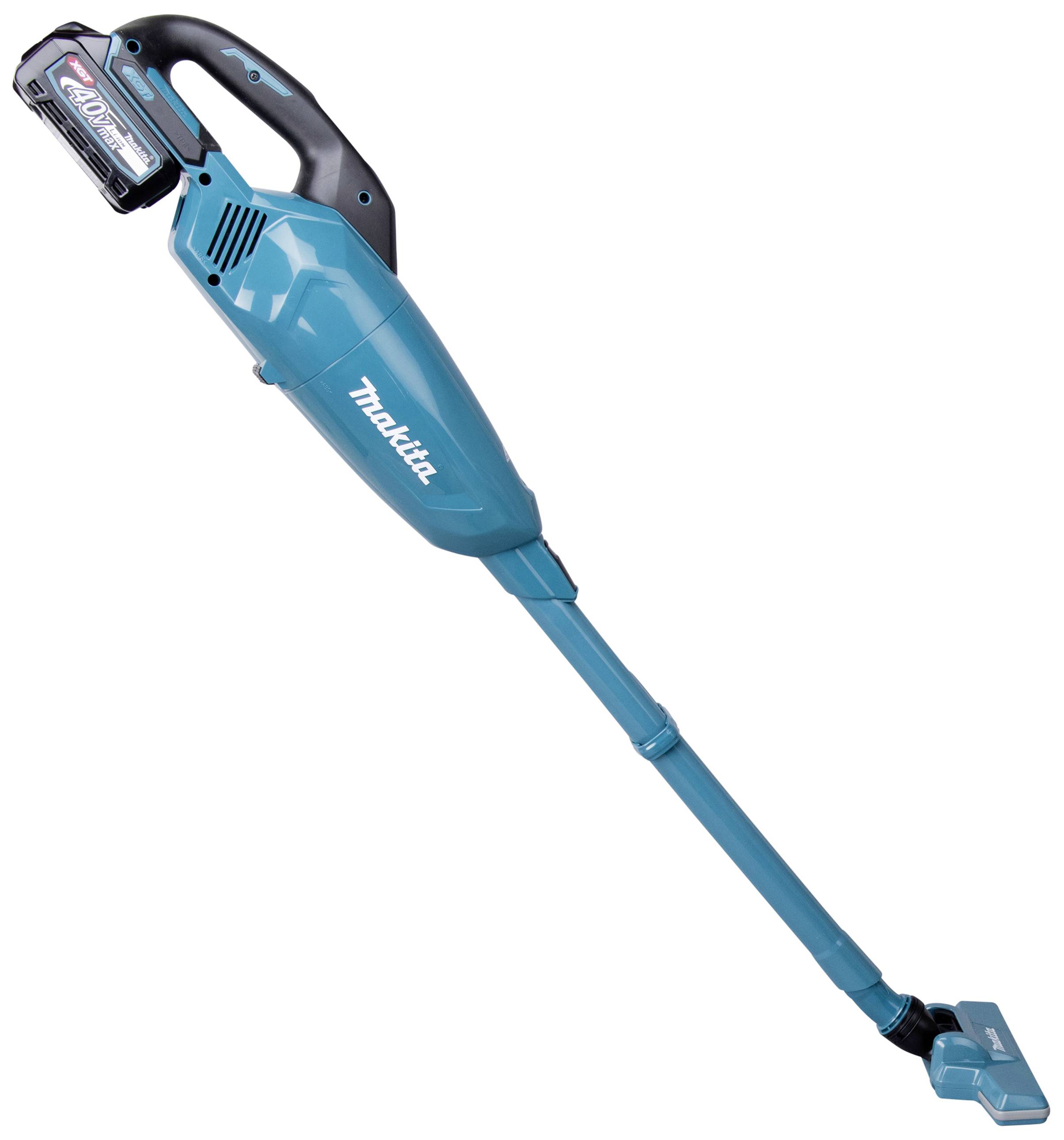 A cordless, blue handheld vacuum cleaner with a black handle and a detachable, rechargeable battery. Suitable for light cleaning tasks.