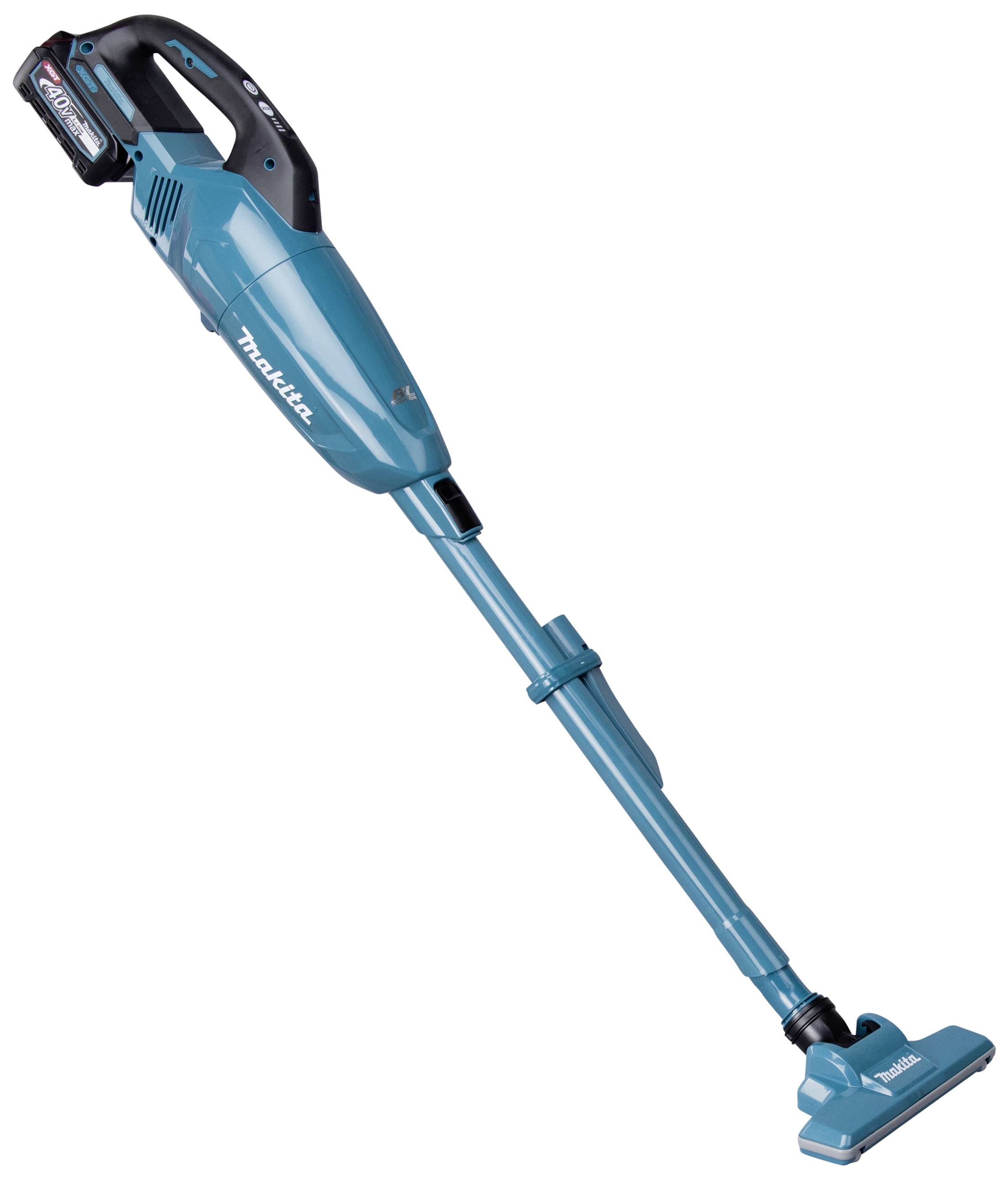 'Blue cordless stick vacuum cleaner with black handle and attachment, side view. "Makita" marking on the side.'