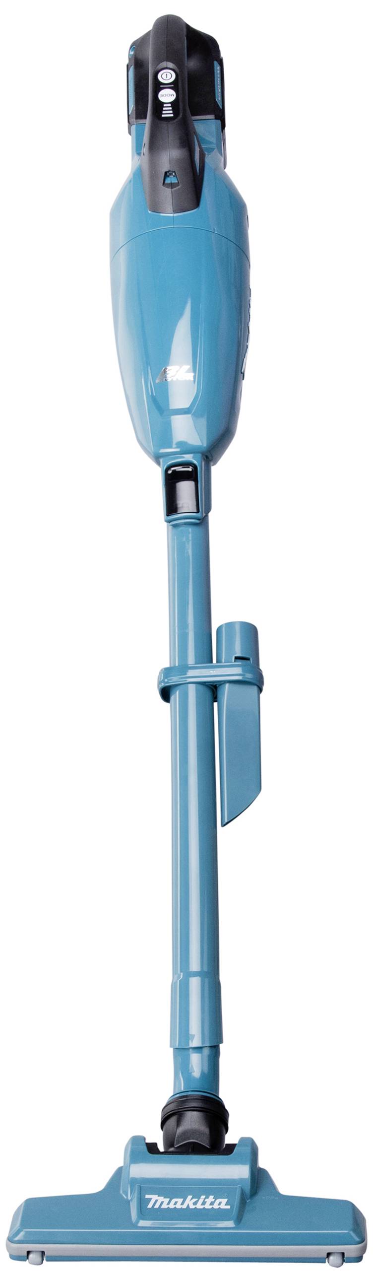 Turquoise cordless vacuum cleaner by Makita; compact and modern, with a sleek design for easy handling.