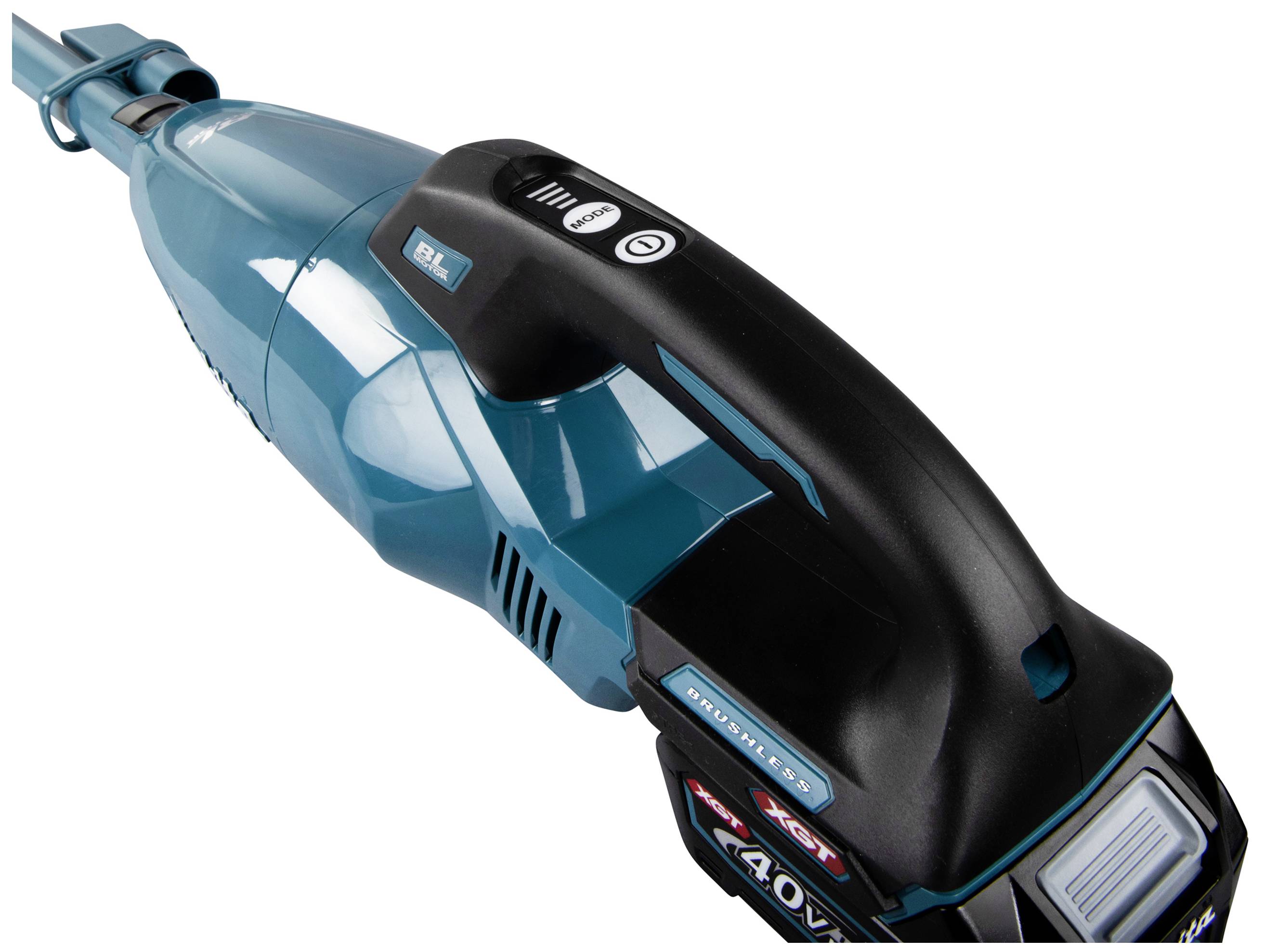 A blue cordless vacuum cleaner, showing the handle and battery, suitable for cable-free cleaning. Main switch and brand logo visible.