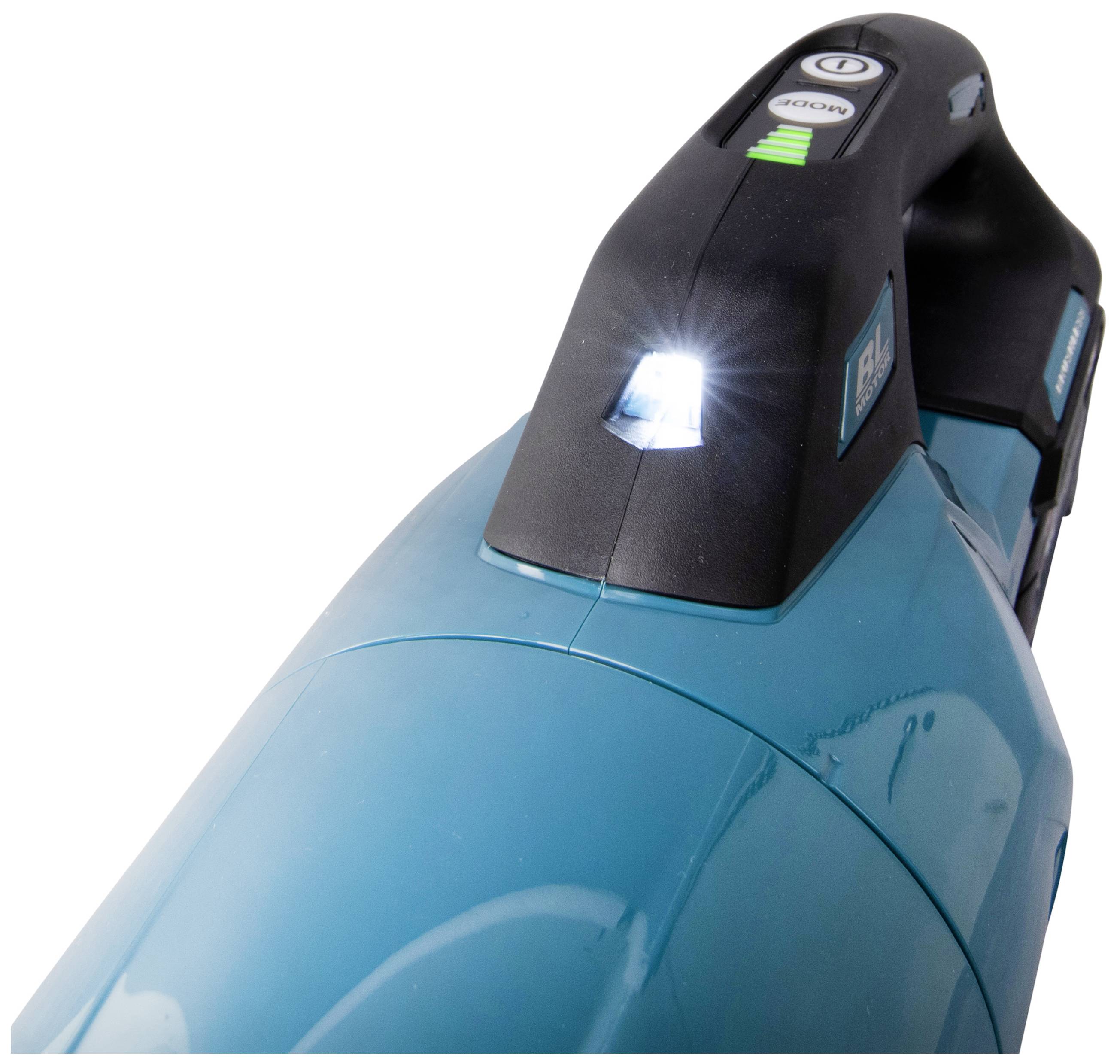 A blue, portable vacuum cleaner with an LED light on the handle.