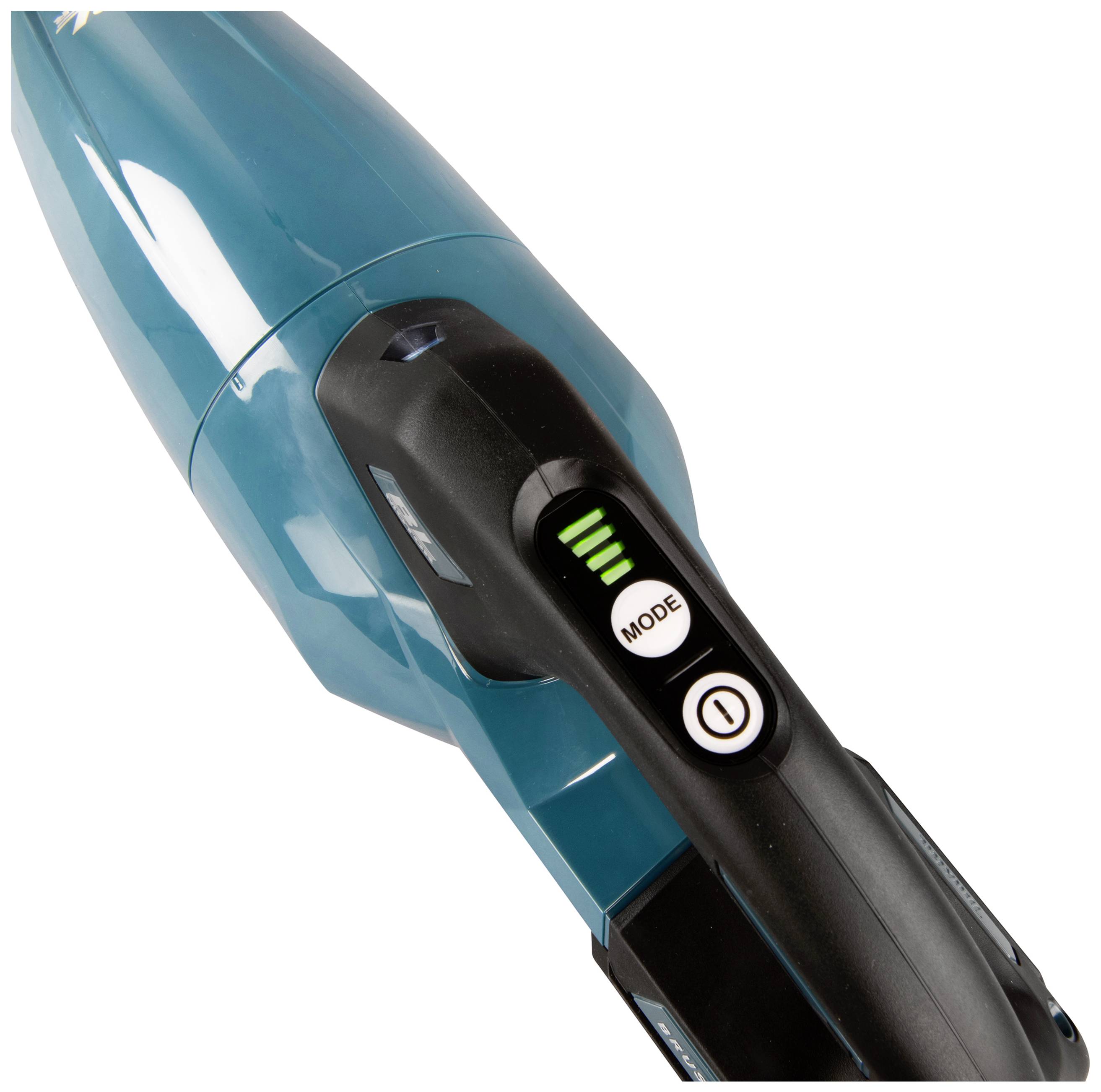 'Close-up of a blue handheld vacuum cleaner with indicator lights and mode button on the handle. Shows operational details.'