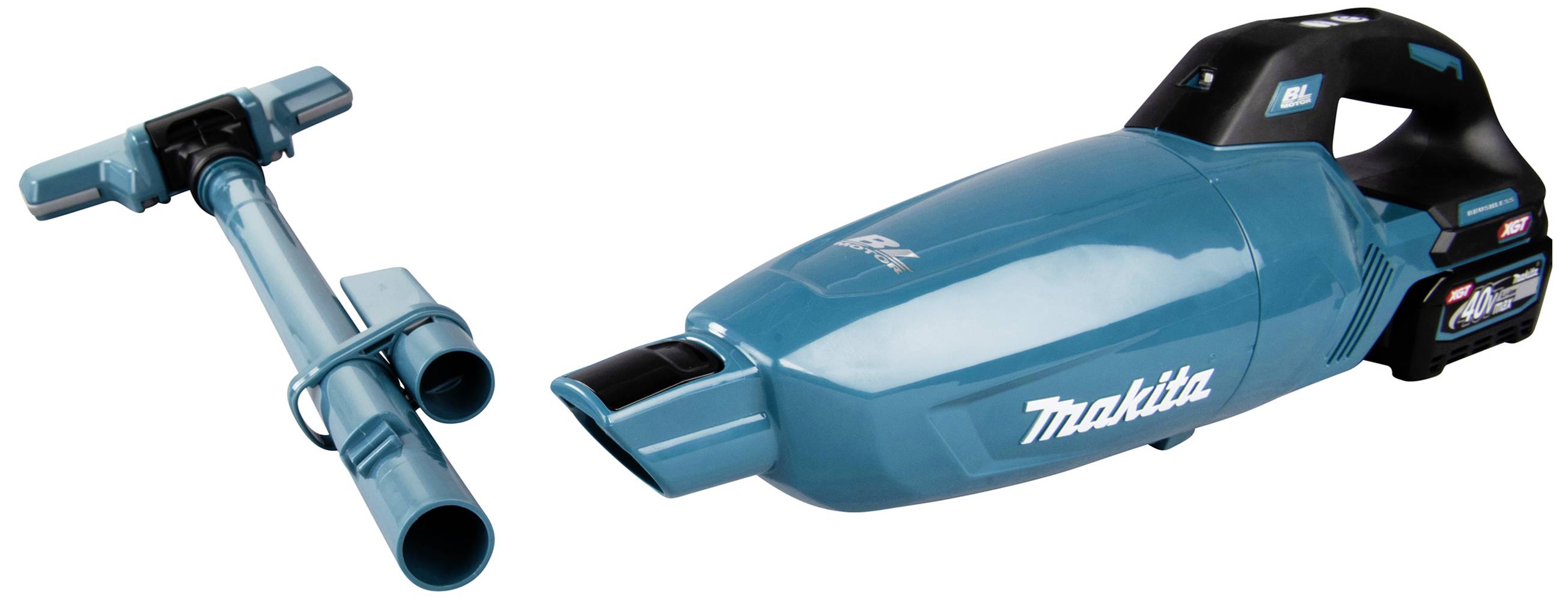 A blue cordless handheld vacuum cleaner with an attachment suitable for floor cleaning. The brand is visible.