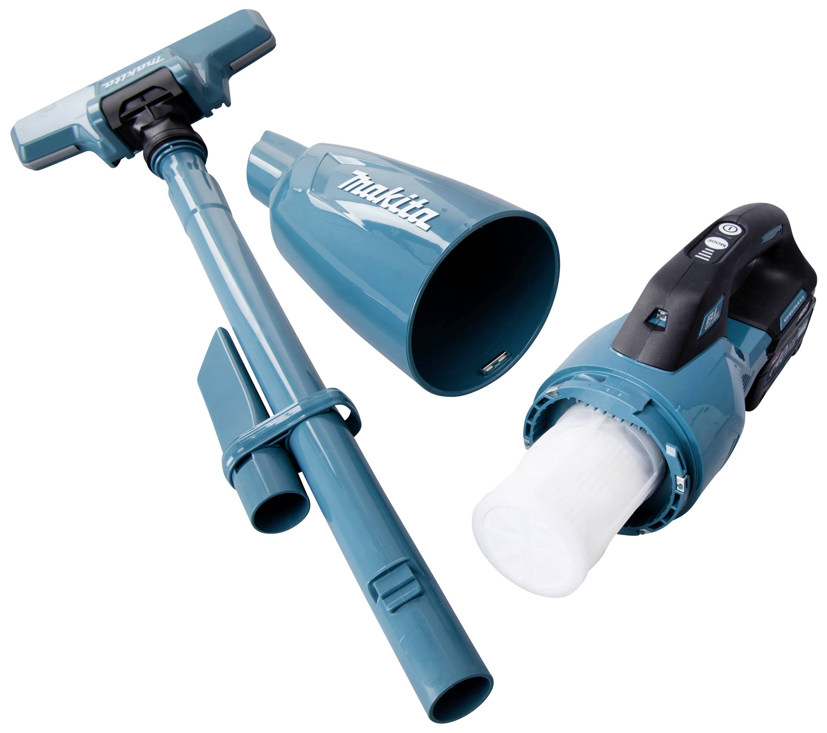 A blue, dismantlable vacuum cleaner with various attachments, suitable for versatile cleaning tasks.