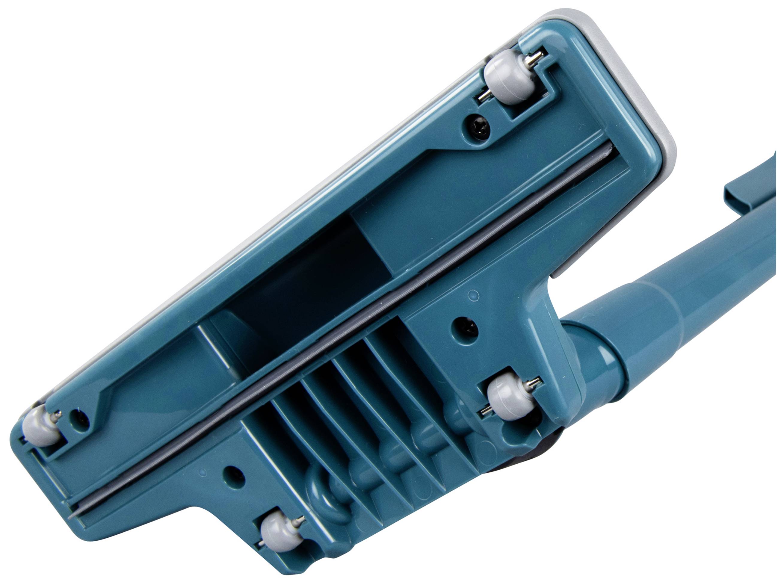 Ground-level view of a blue-green floor mop with small wheels at the corners, showcasing its manoeuvrability and design details.