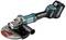 Cordless angle grinder with large disc, blue-black, ergonomic handle. Suitable for metalworking and grinding tasks.