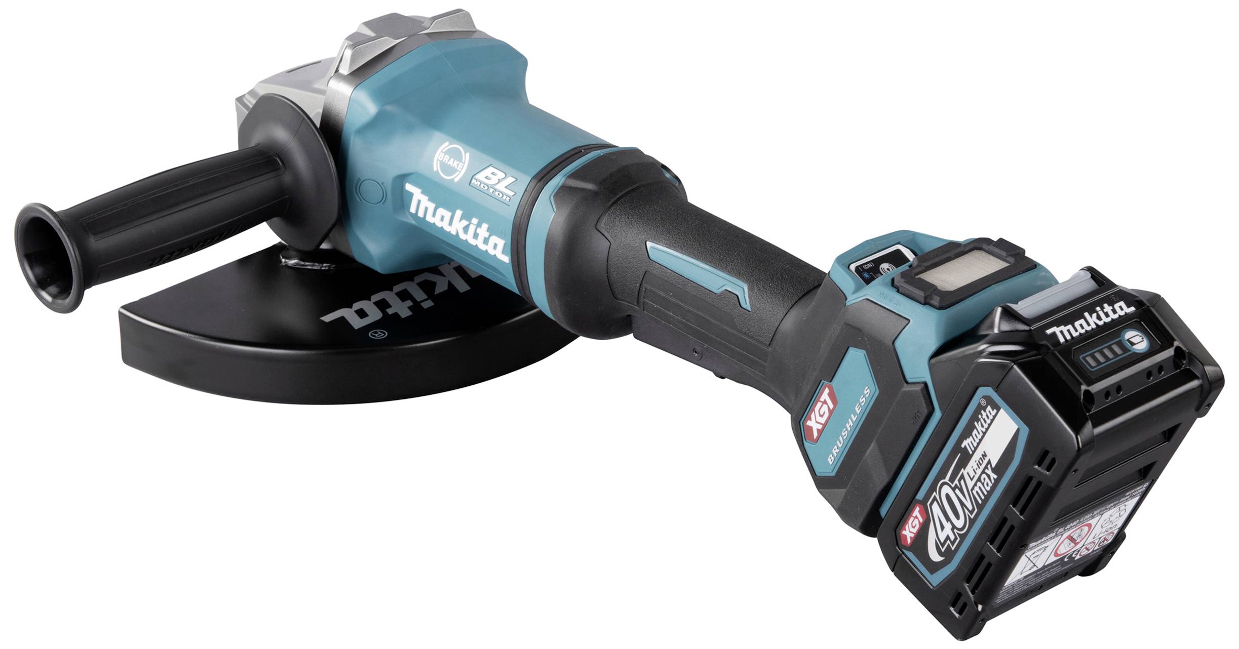 Cordless angle grinder with a blue casing, black handle, and black grinding disc. Brand name and model visible on the device.