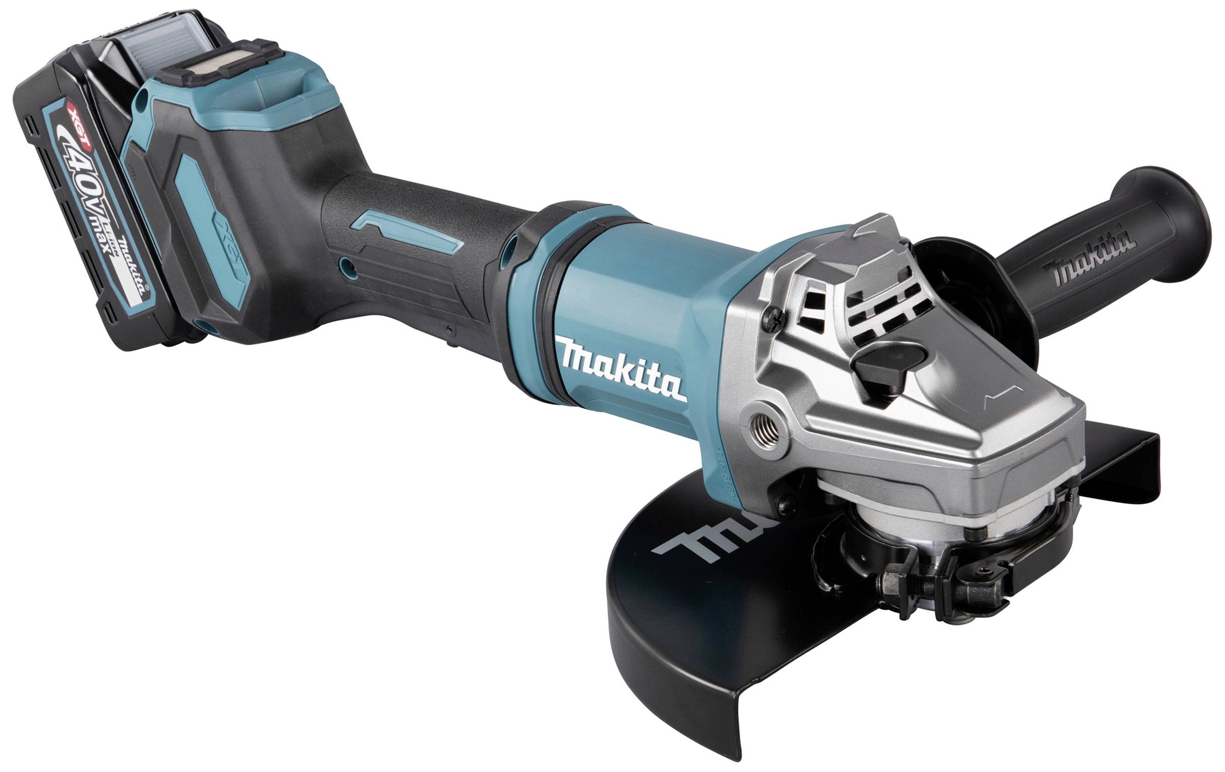Battery-powered angle grinder in blue and black by Makita with handle and protective guard.