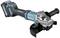 Battery-powered angle grinder in blue and black by Makita with handle and protective guard.