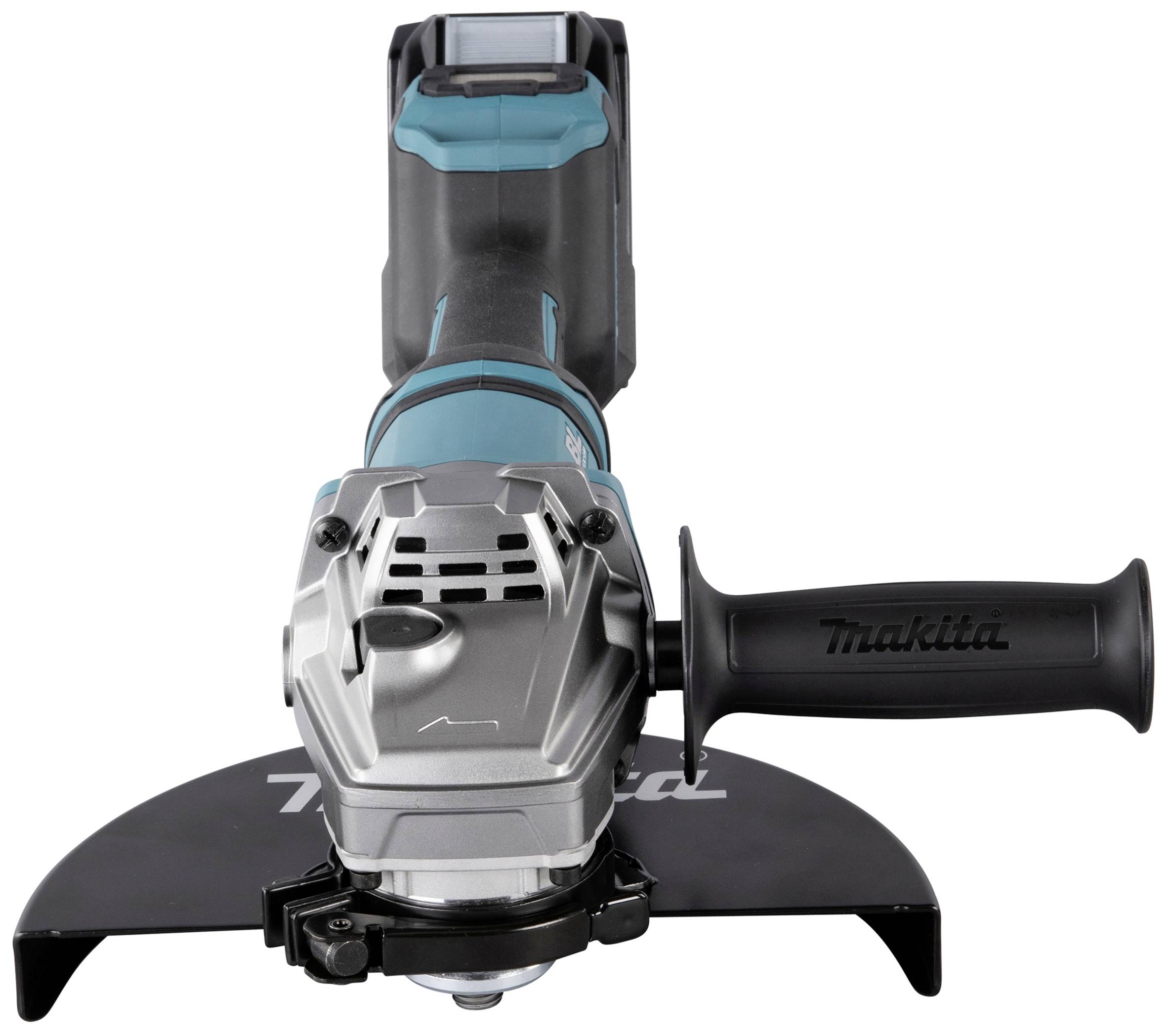 Battery-powered angle grinder with grey and blue casing, black handle and protective guard, photographed from the front.