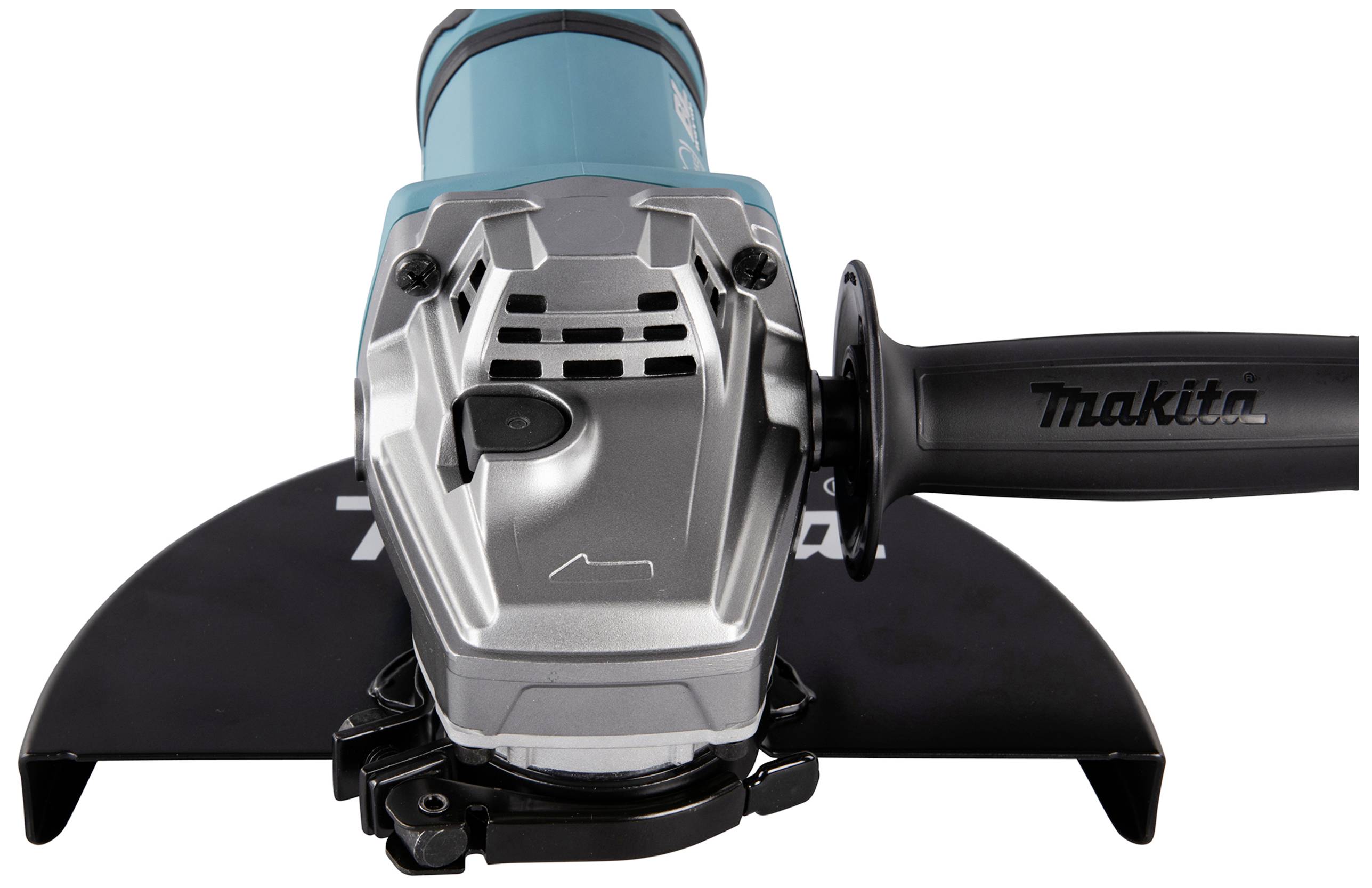 The image shows a blue angle grinder with a silver casing and black handle. The 'Makita' brand is visible on the handle.