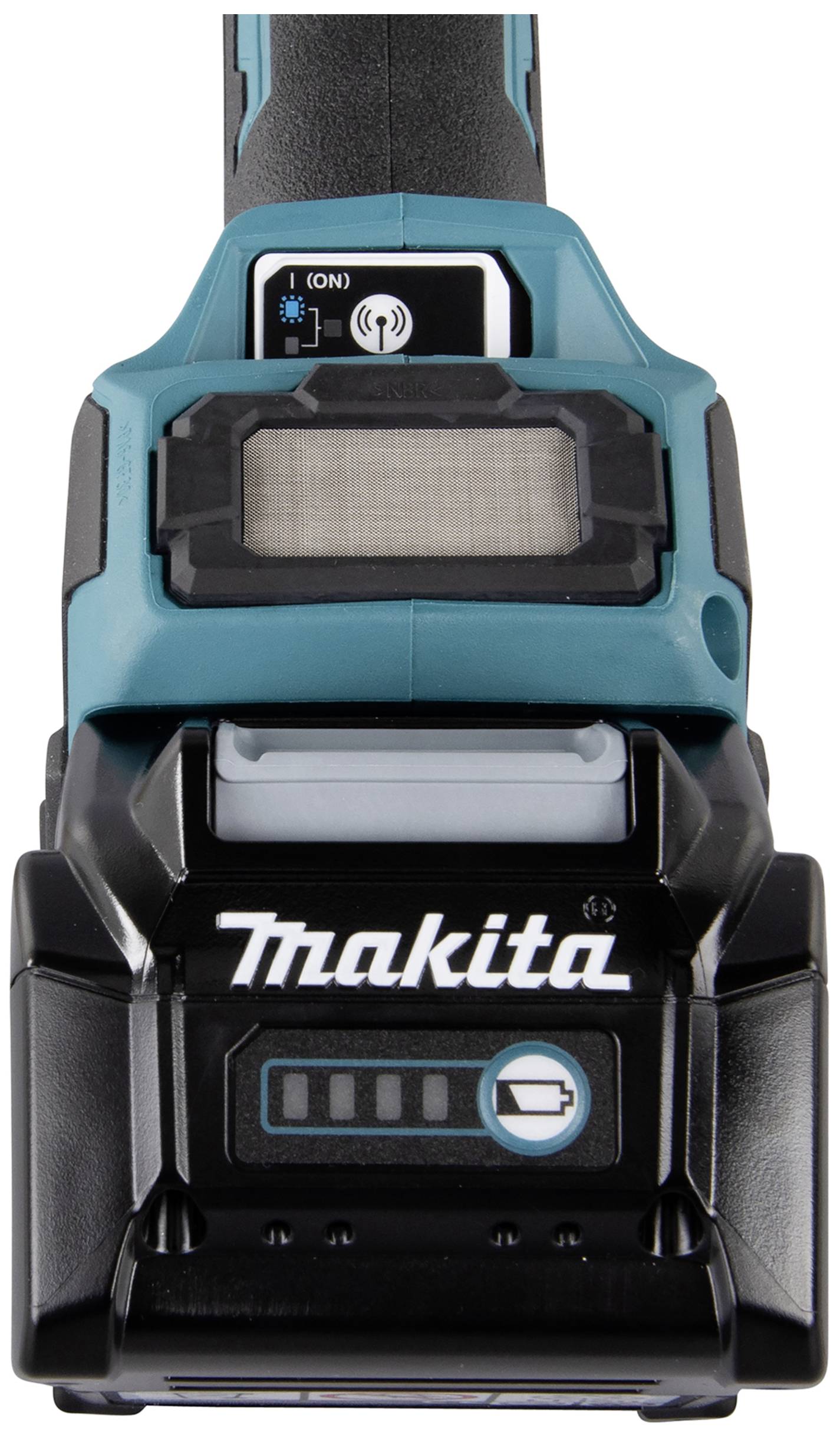 Makita battery-powered tool in blue with a display and control button, possibly a drill or similar power tool.