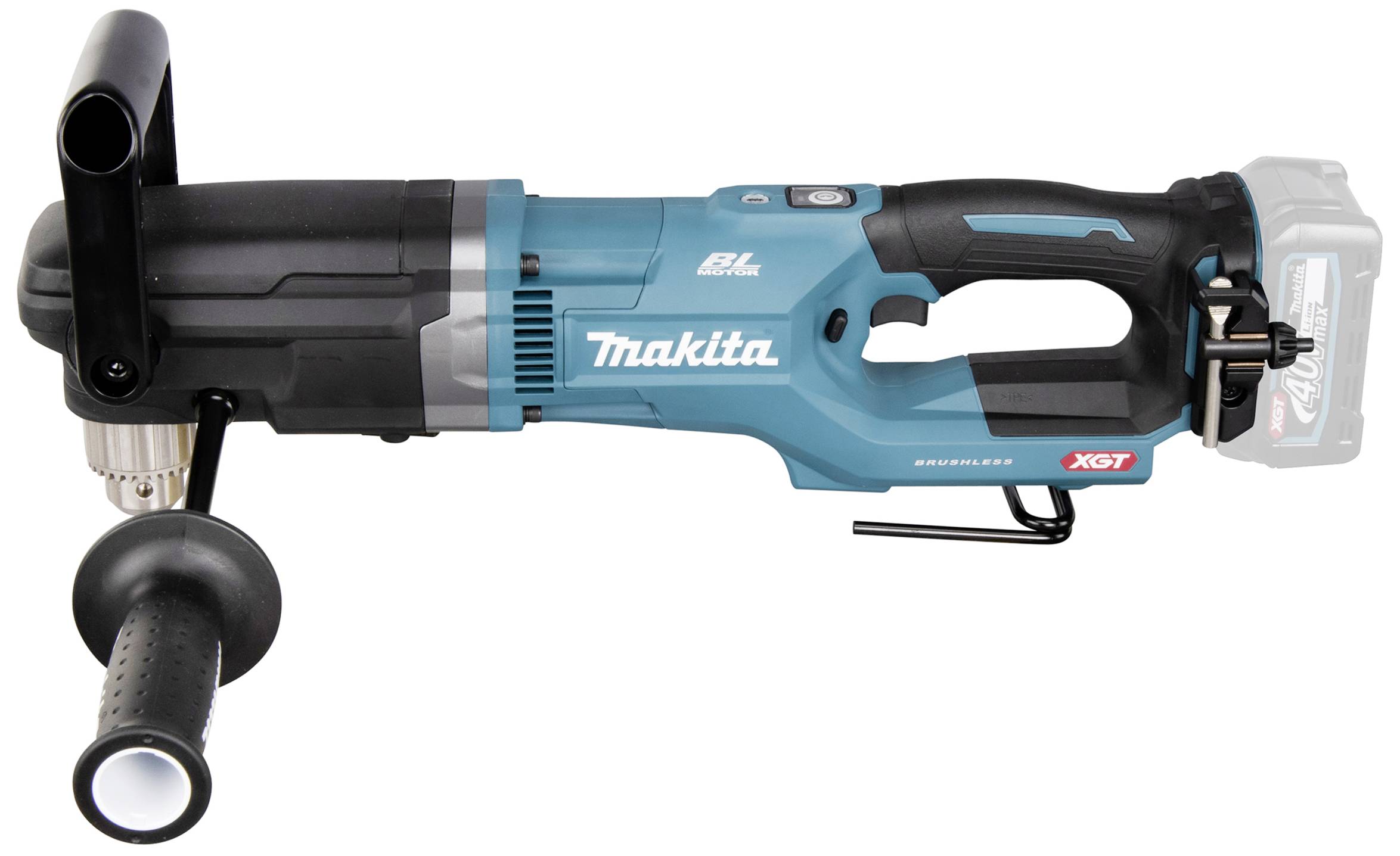 A cordless, navy blue and black battery-powered drill driver with an ergonomic grip, side handle, and brand logo, commonly used for construction work.