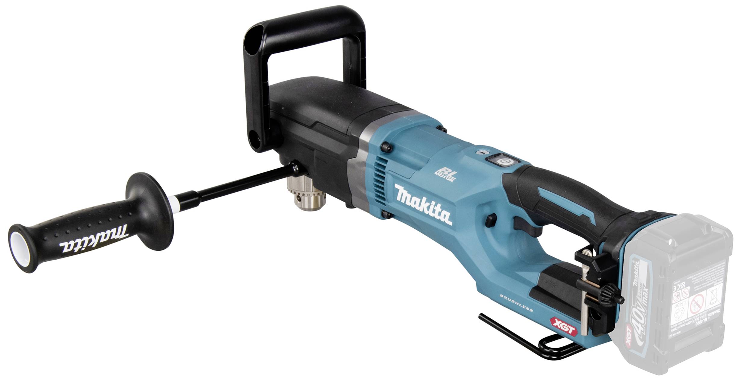 Battery-powered drill in blue and black with a side handle, suitable for heavy-duty work.