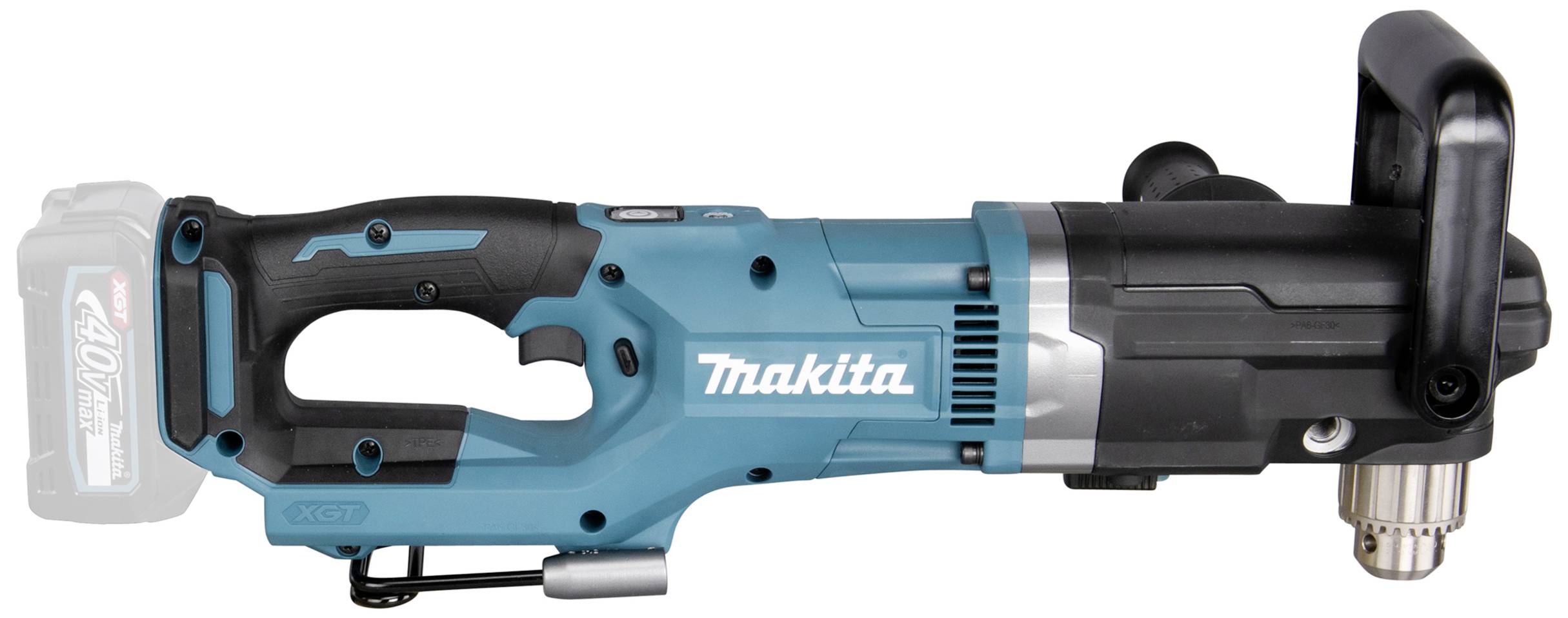 A blue, right-angled Makita drill driver with an ergonomic handle. Battery and chuck are visibly attached.
