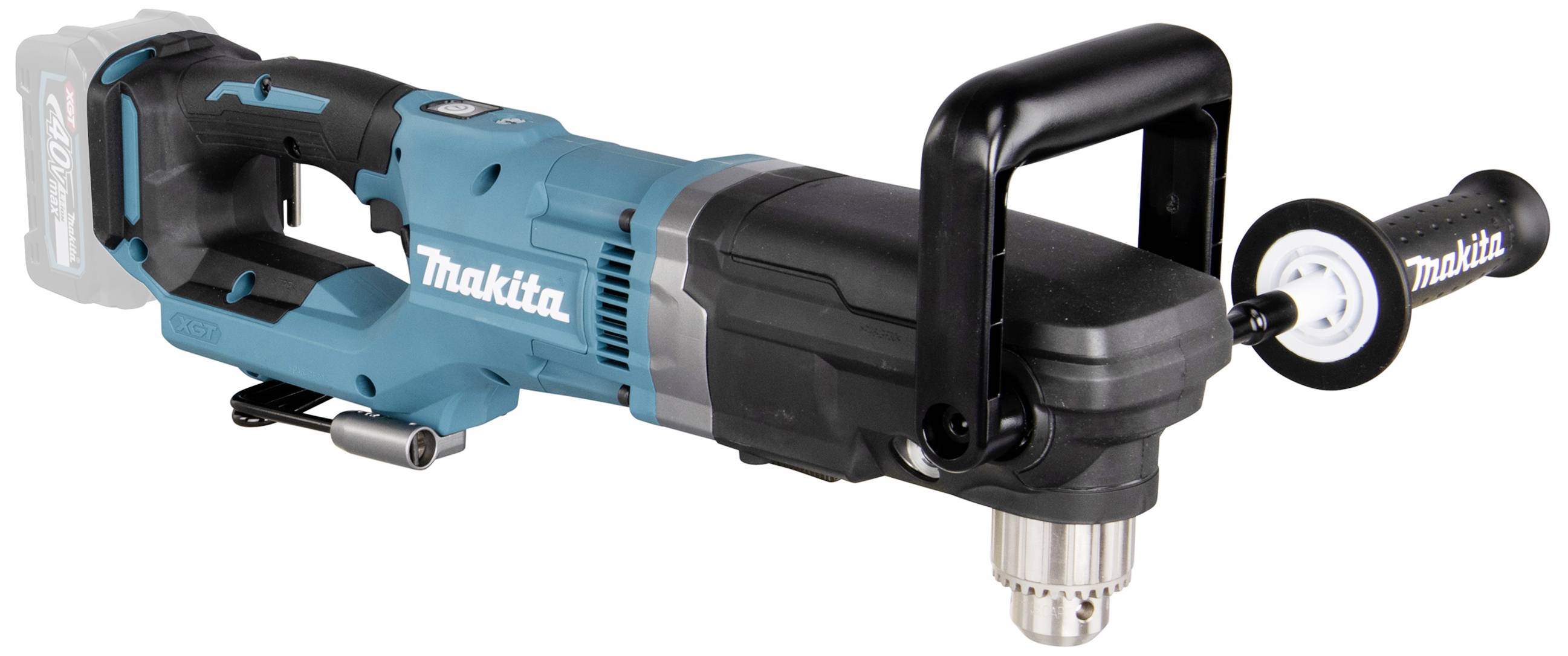 Cordless drill with side handle and blue-black casing, suitable for demanding drilling tasks.