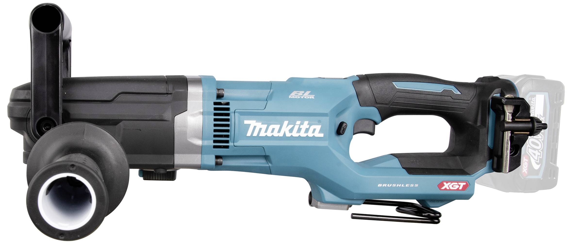 'Makita Angle Grinder XGT' in a blue housing, lying horizontally. On the left: additional handle, on the right: battery holder.