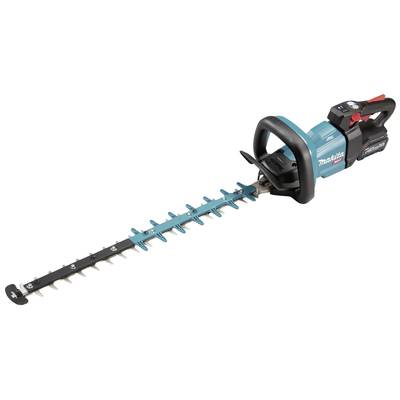 An electric hedge trimmer with a blue casing and black handle. It features a long blade with multiple sharp teeth.