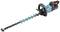 An electric hedge trimmer with a blue casing and black handle. It features a long blade with multiple sharp teeth.