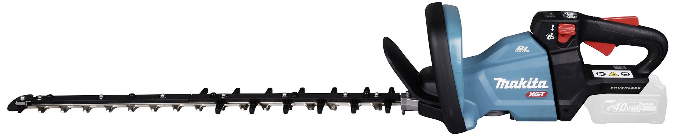 Rechargeable hedge trimmer in blue and black, suitable for cutting hedges. It is equipped with a long blade bar.