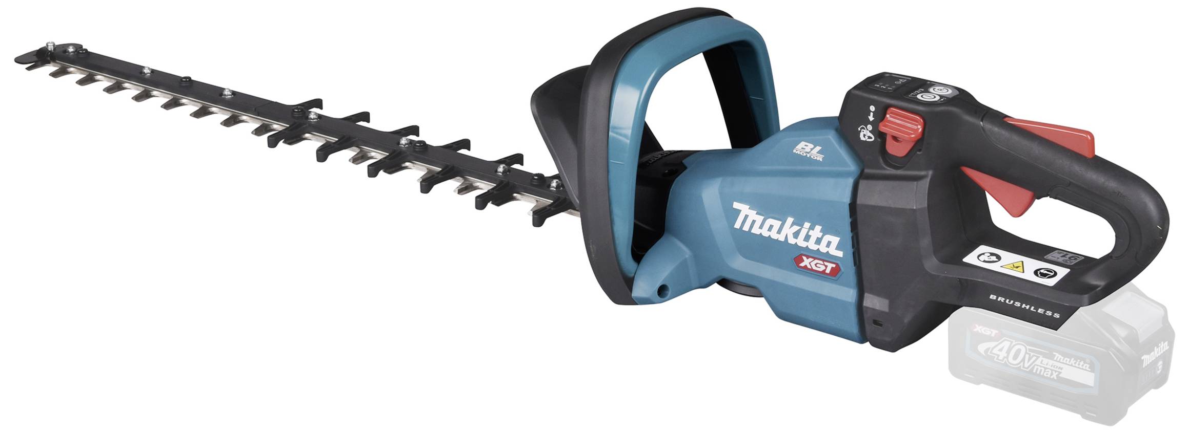'Battery-powered hedge trimmer with blue and black casing and metal blade, suitable for gardening.'