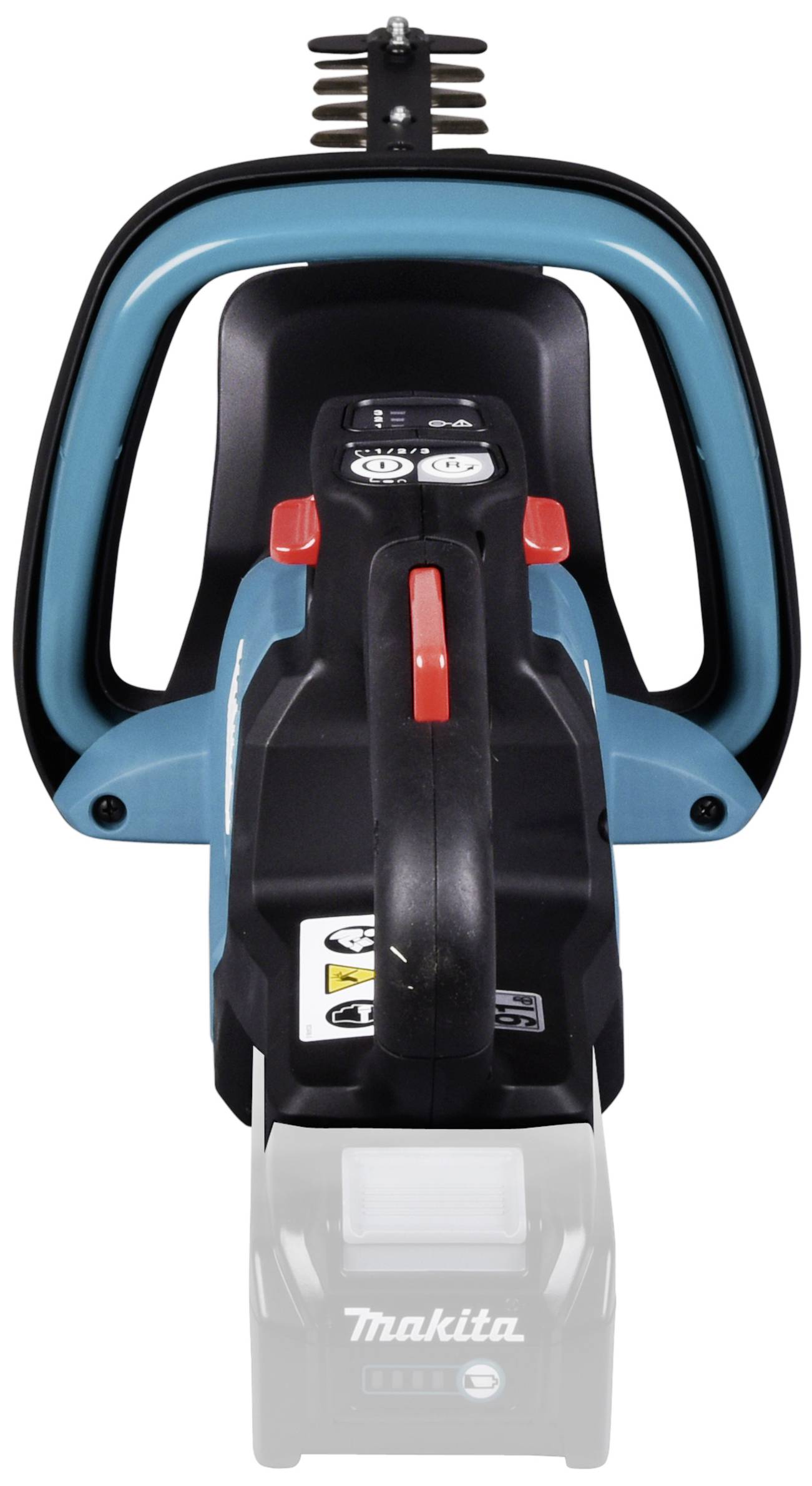 A Makita hedge trimmer viewed from above, with a blue-black casing and red trigger, suitable for use in gardening.