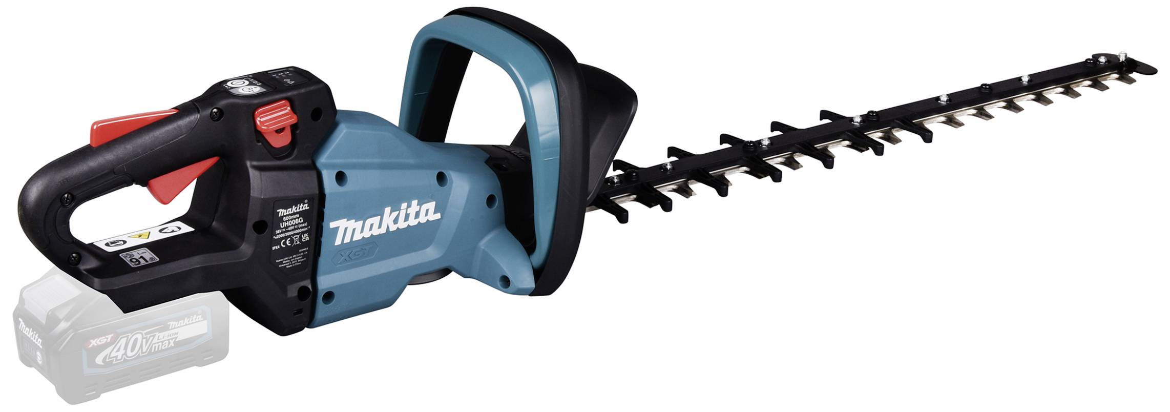 Battery-powered hedge trimmer in blue and black, Makita model, with long cutting blade and ergonomic handle.