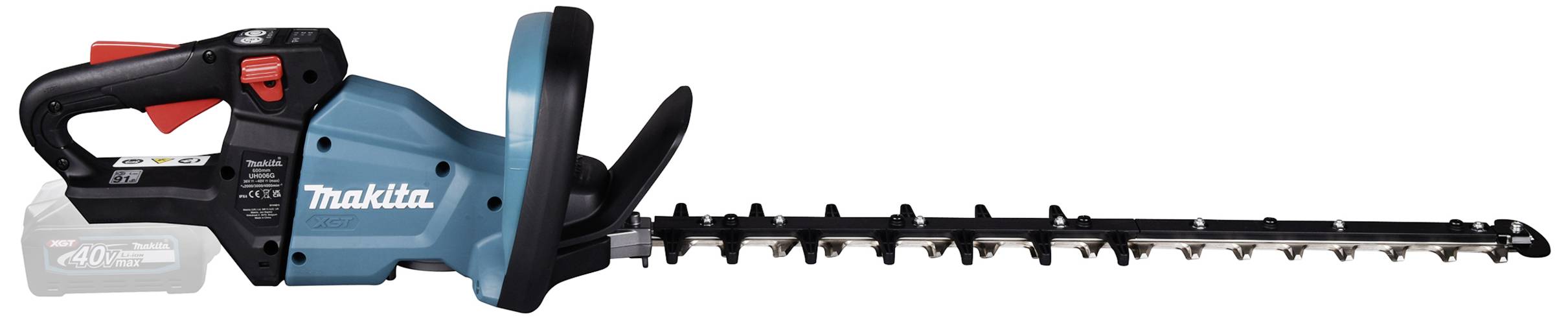 Cordless hedge trimmer in side view with a blue body. It has a long, toothed cutting attachment suitable for trimming hedges.