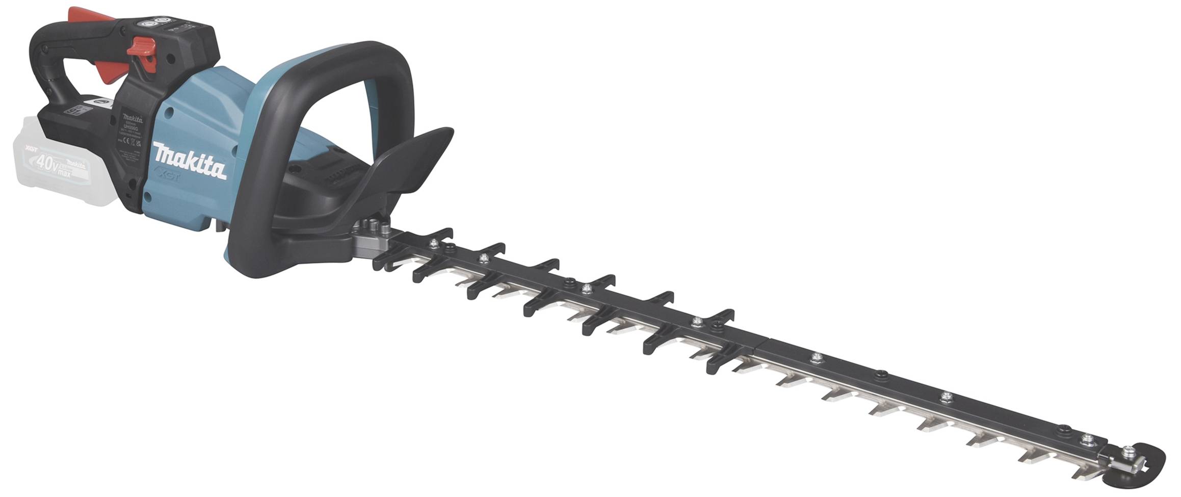An electric hedge trimmer with a blue and black casing. It has a long cutting bar with sharp blades.