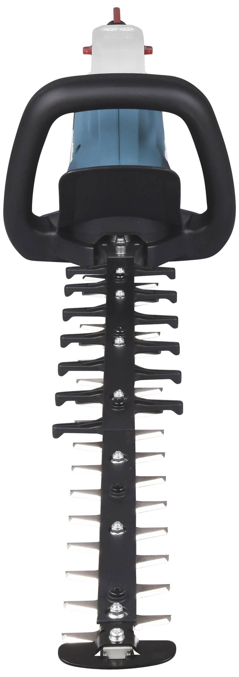 Hedge trimmer viewed from above, with a black handle and silver blades. Main body in blue. Suitable for trimming hedges.