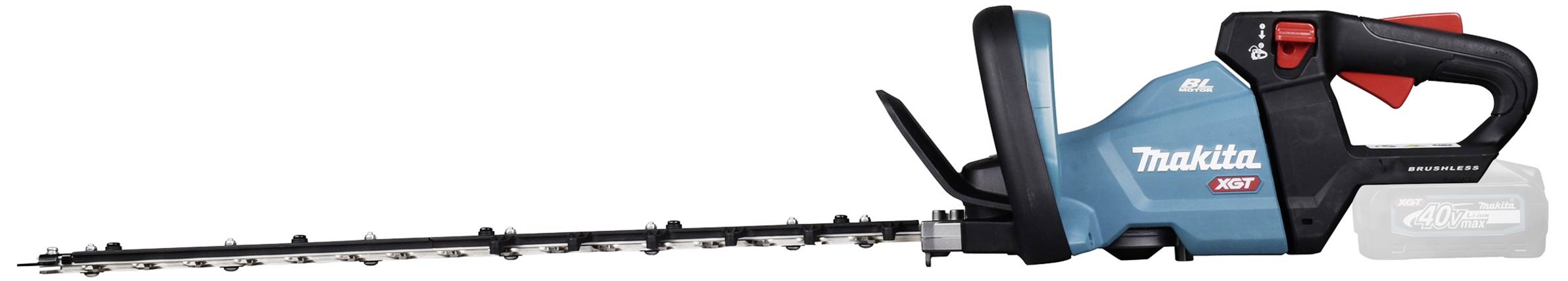 Battery-powered hedge trimmer in blue and black with a red switch and a long blade. Perfect for garden maintenance.