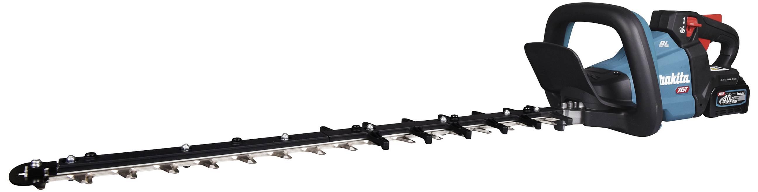 Battery-powered hedge trimmer with a long, sharp blade bar. Handle and controls are visible. Ideal for trimming hedges.