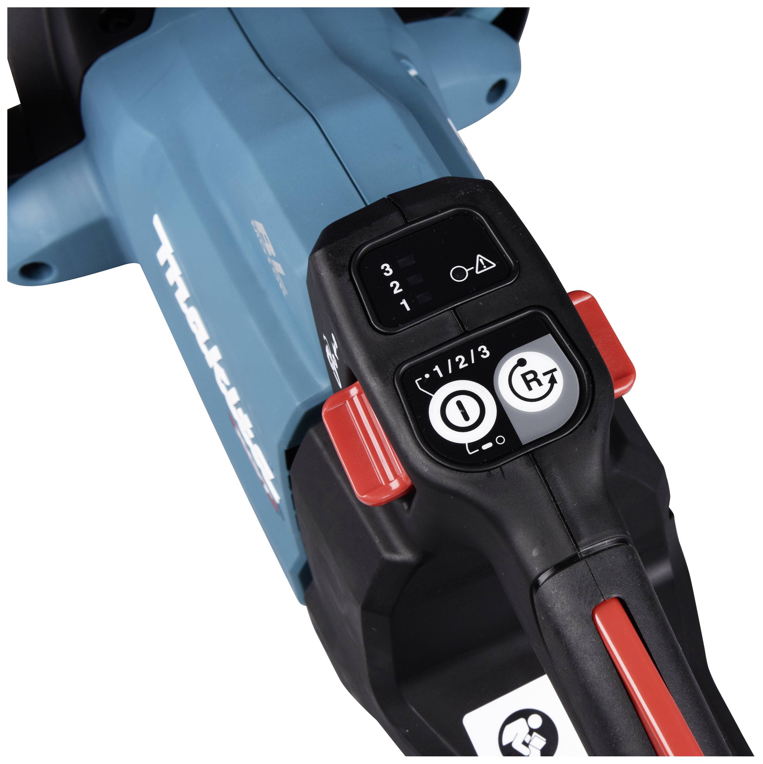 A section of a blue electric tool with black and red controls featuring symbols and numbers.