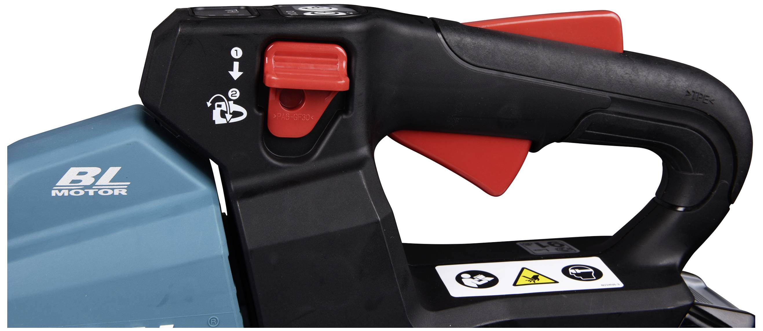 Close-up of a blue electric tool handle with a red safety lever and various safety stickers.