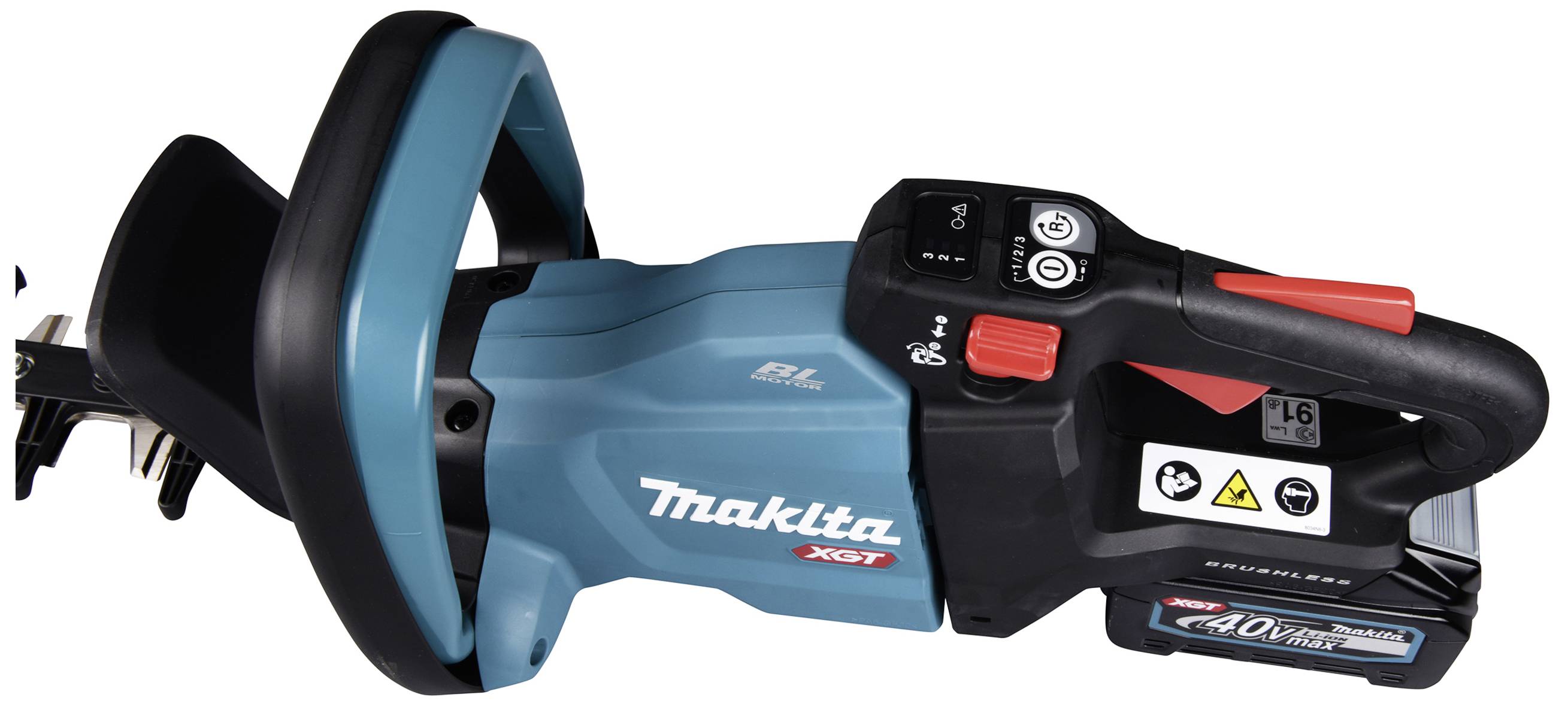 A blue cordless Makita chainsaw with a black handle and visible control buttons.